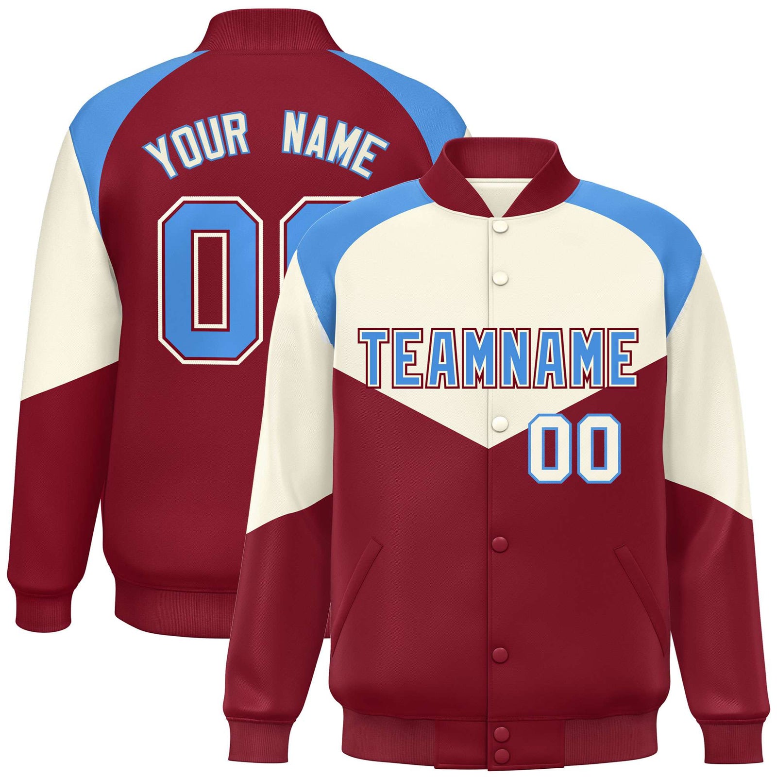Custom Cream Crimson-Powder Blue Varsity Full-Snap Color Block Letterman Jacket