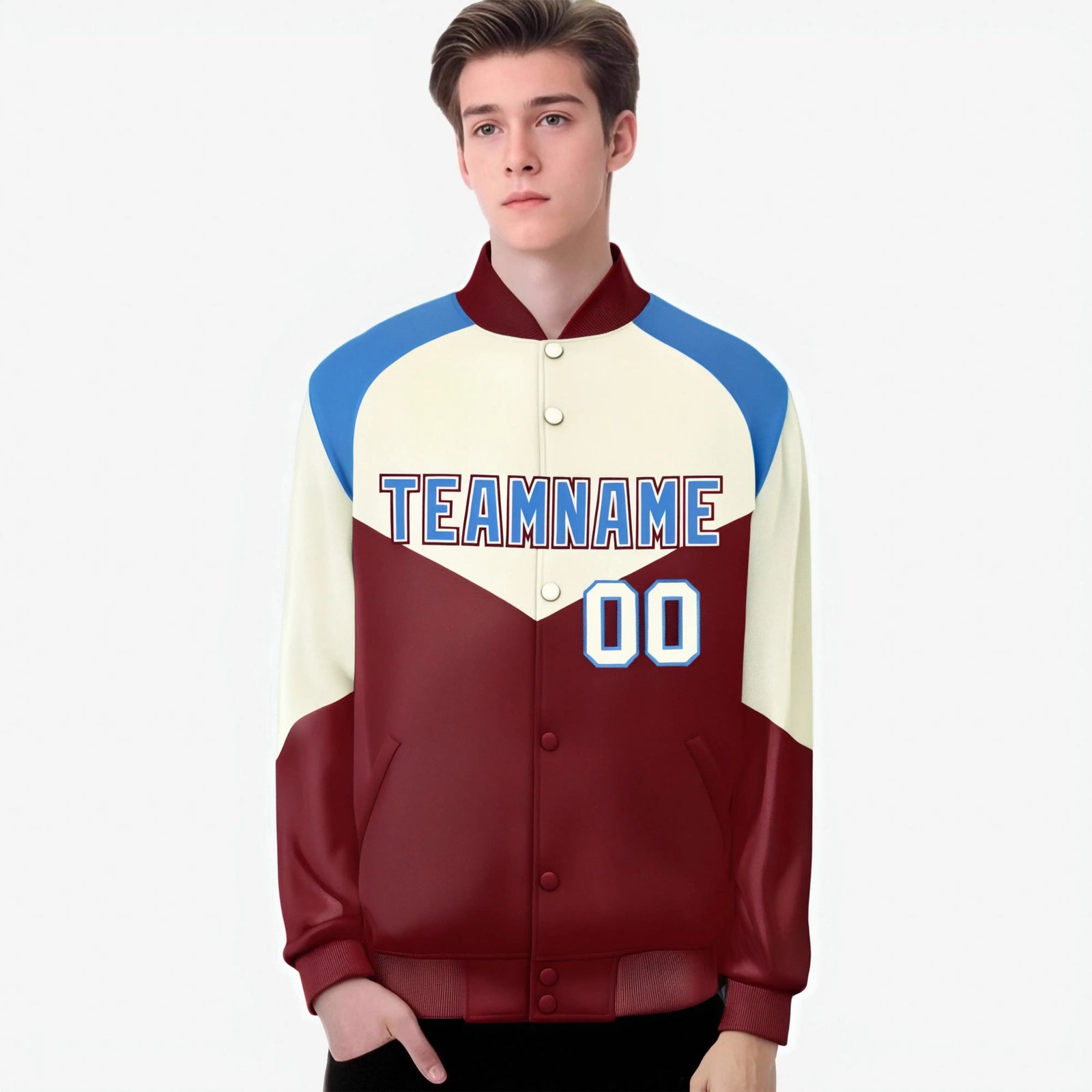 Custom Cream Crimson-Powder Blue Varsity Full-Snap Color Block Letterman Jacket