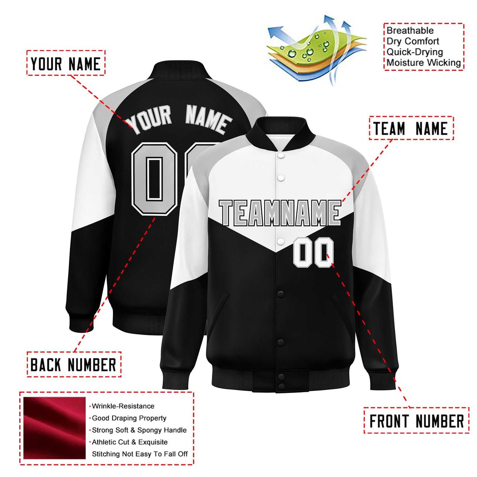 Custom White Black-Gray Varsity Full-Snap Color Block Letterman Jacket