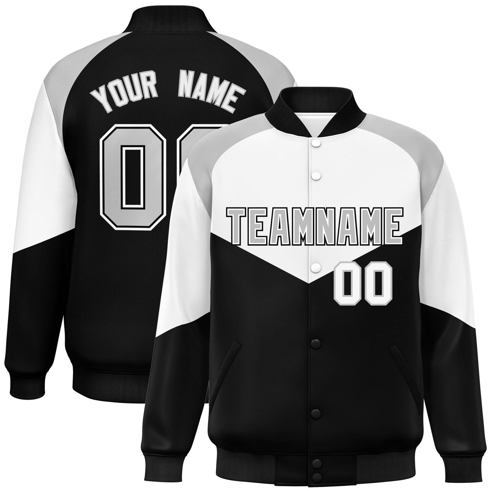 Custom White Black-Gray Varsity Full-Snap Color Block Letterman Jacket