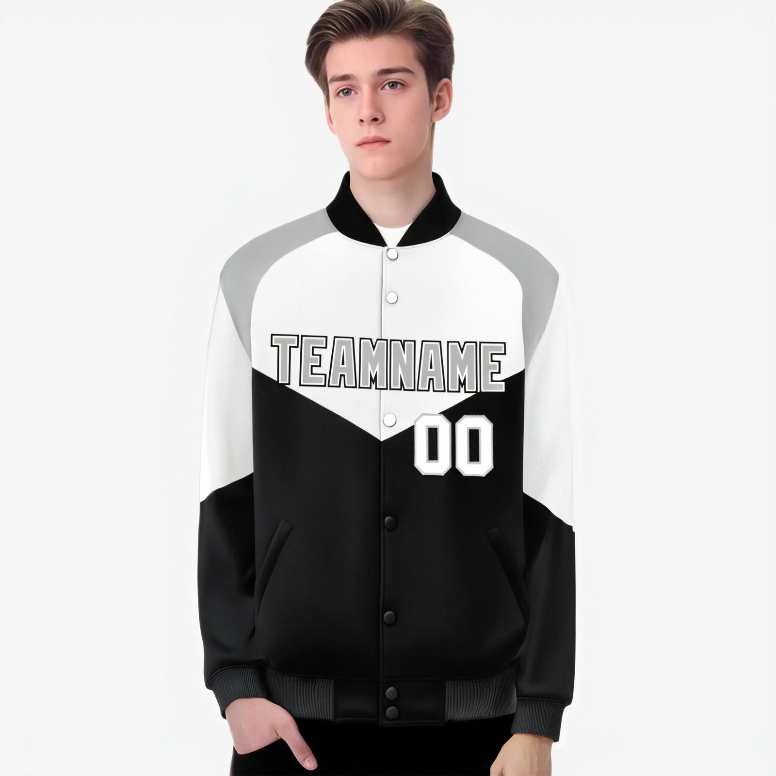 Custom White Black-Gray Varsity Full-Snap Color Block Letterman Jacket
