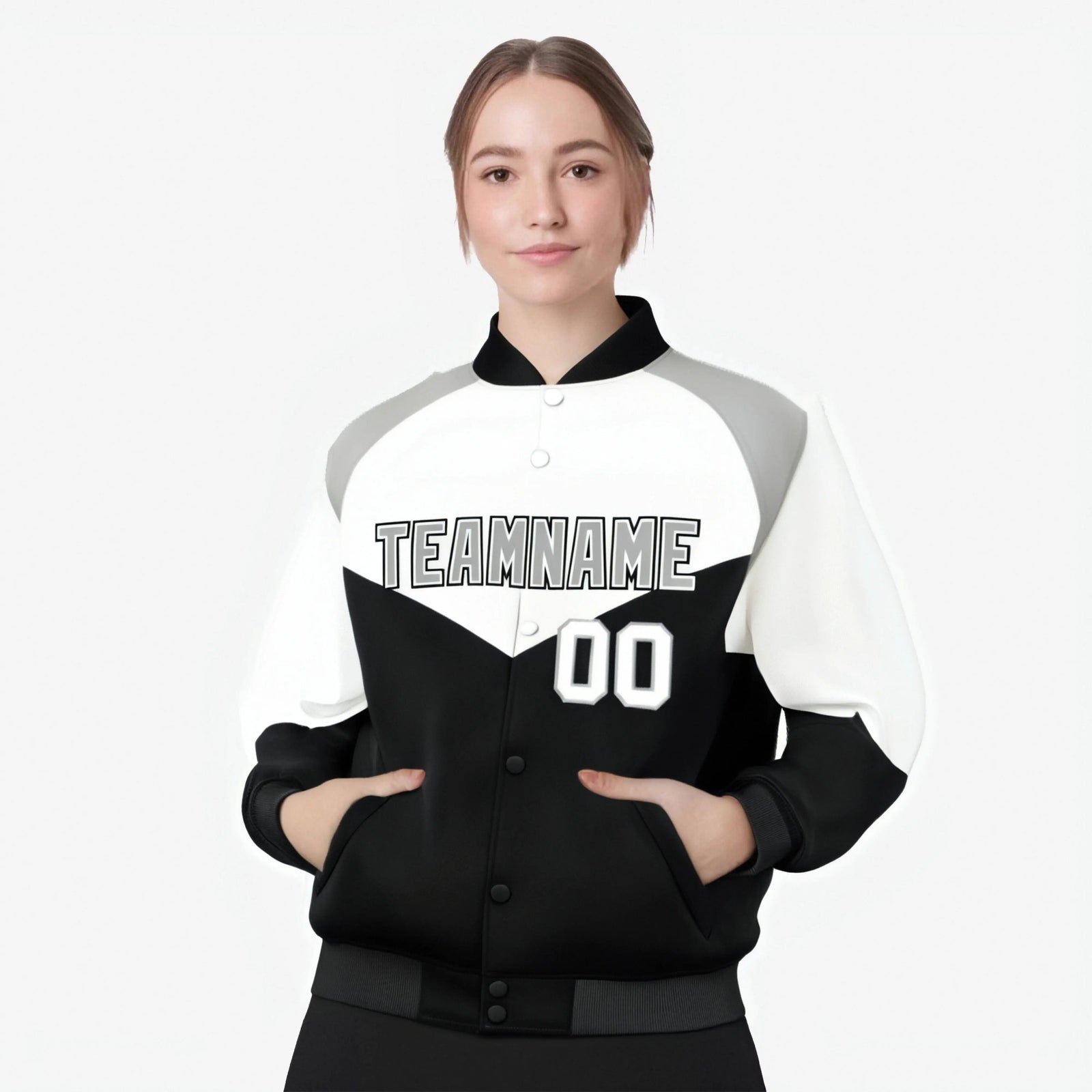 Custom White Black-Gray Varsity Full-Snap Color Block Letterman Jacket
