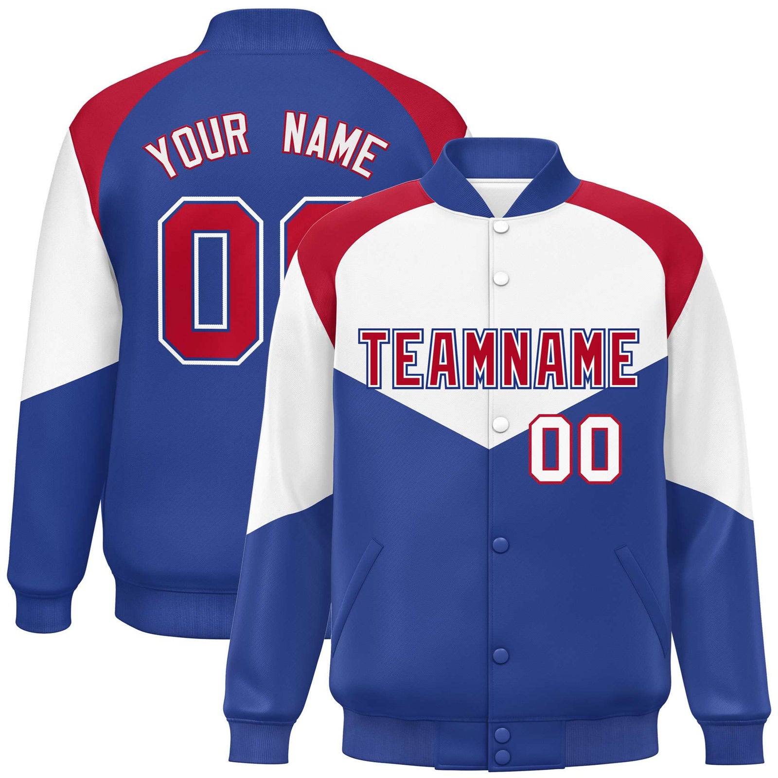 Custom White Royal Blue-Red Varsity Full-Snap Color Block Letterman Jacket