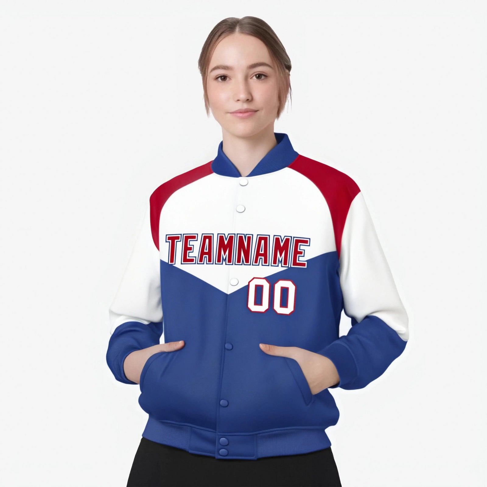 Custom White Royal Blue-Red Varsity Full-Snap Color Block Letterman Jacket