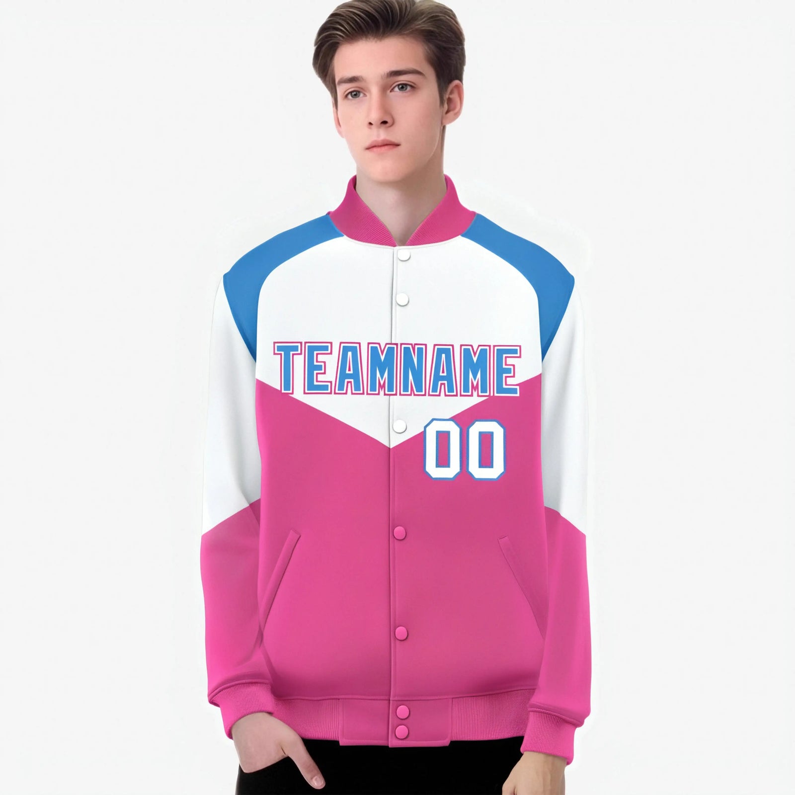 Custom White Pink-Powder Blue Varsity Full-Snap Color Block Letterman Jacket