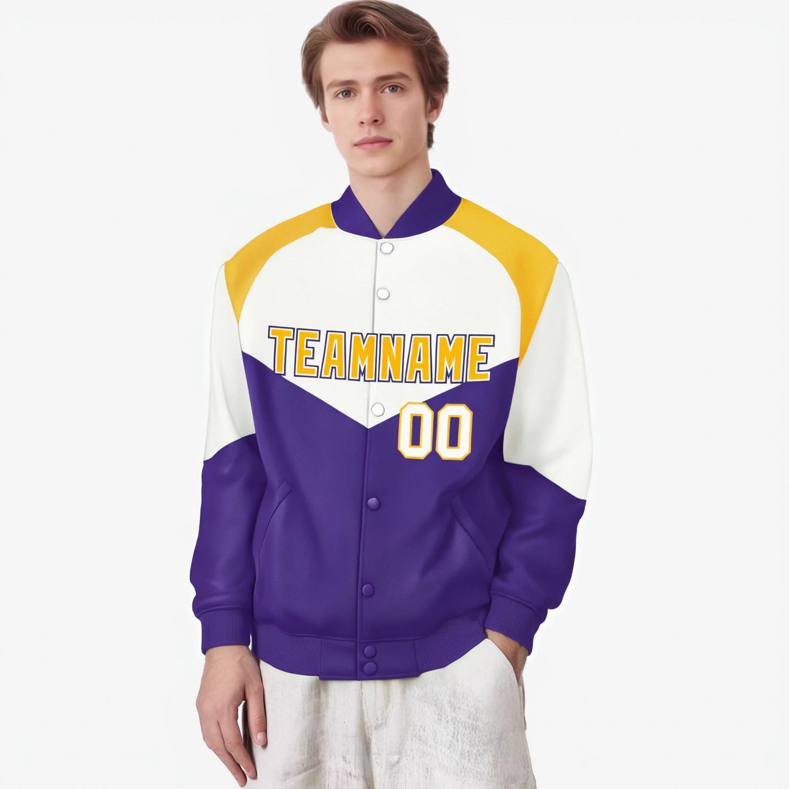 Custom White Purple-Gold Varsity Full-Snap Color Block Letterman Jacket