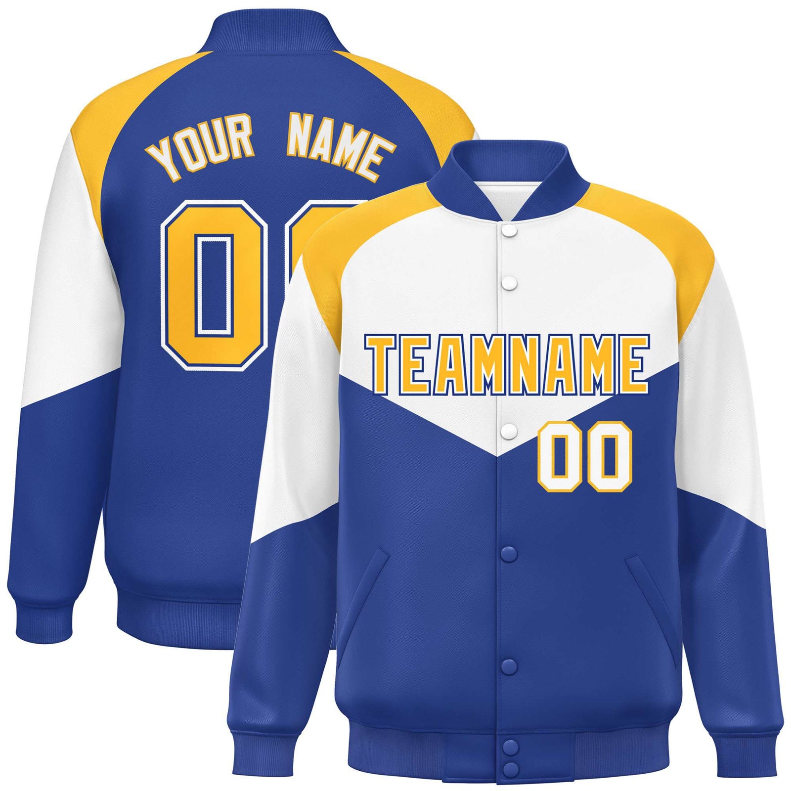 Custom White Royal Blue-Gold Varsity Full-Snap Color Block Letterman Jacket