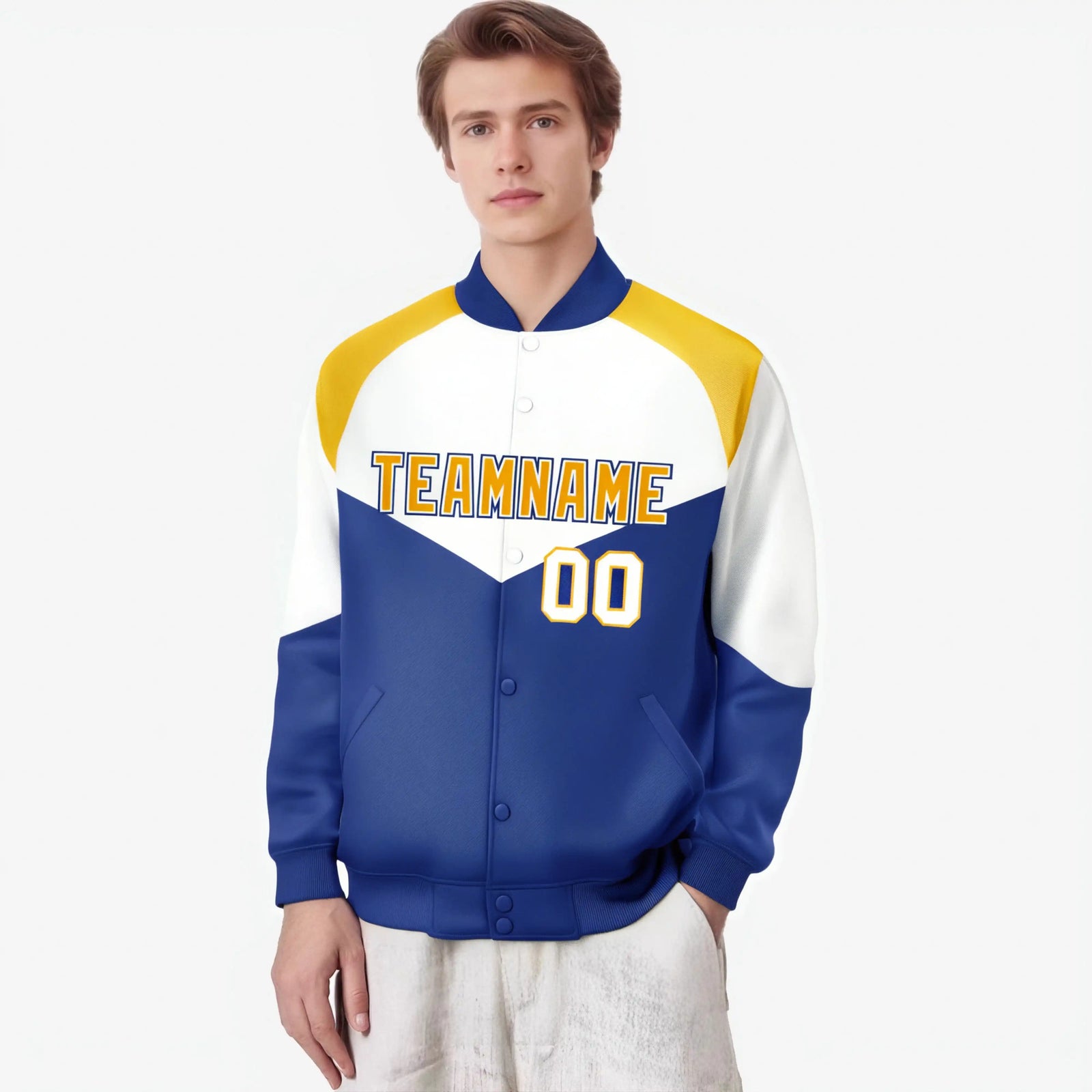 Custom White Royal Blue-Gold Varsity Full-Snap Color Block Letterman Jacket