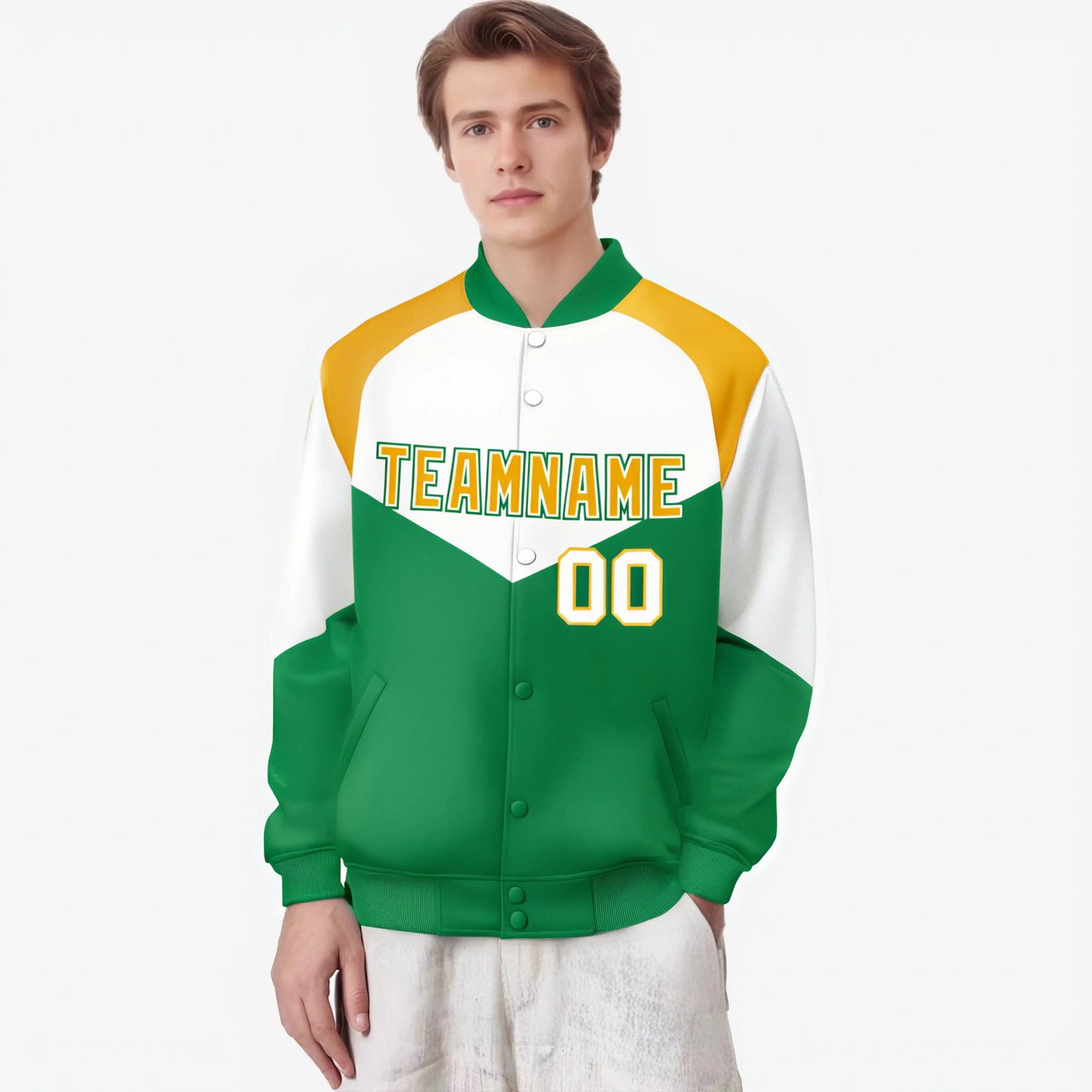 Custom White Kelly Green-Gold Varsity Full-Snap Color Block Letterman Jacket