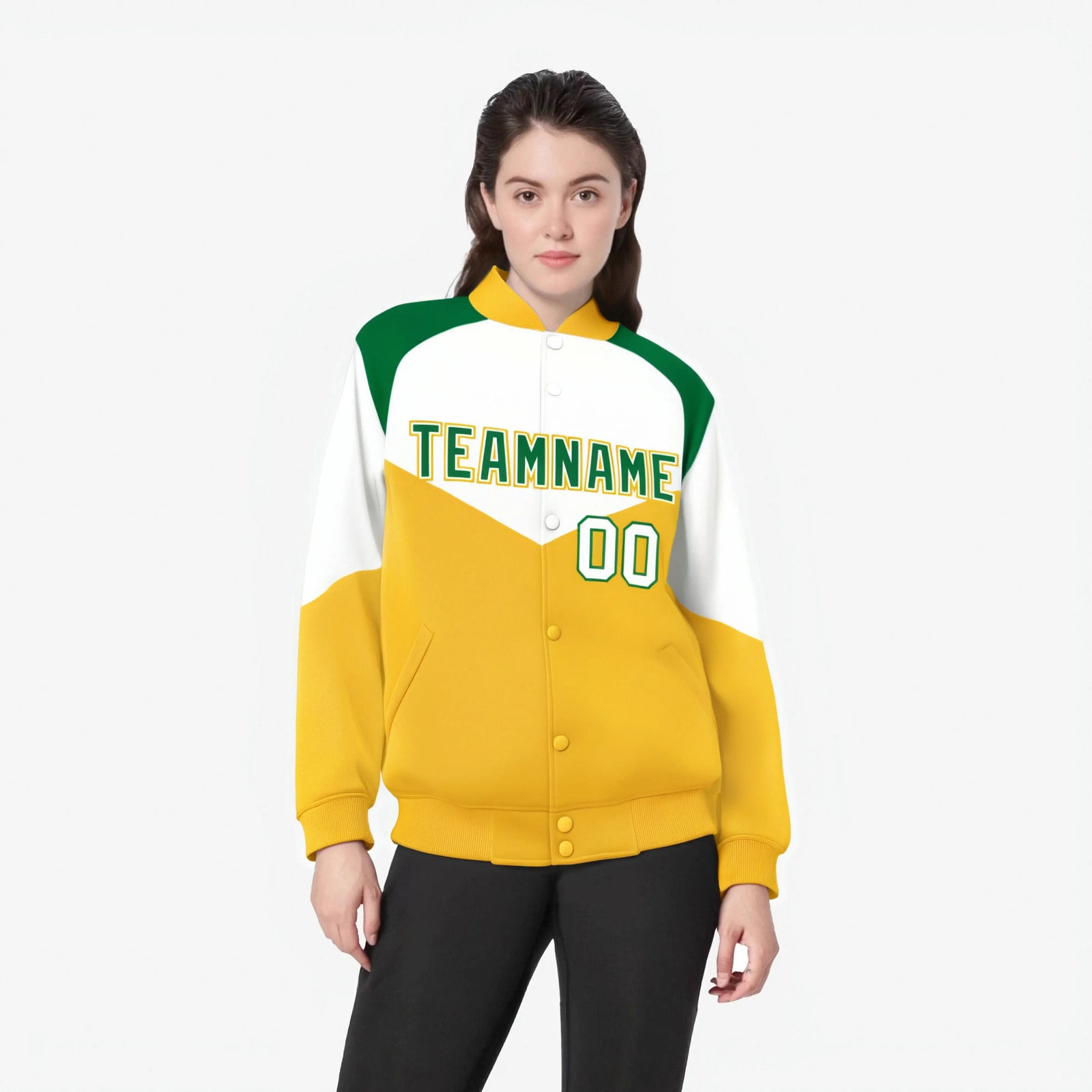 Custom White Gold-Kelly Green Varsity Full-Snap Color Block Letterman Jacket