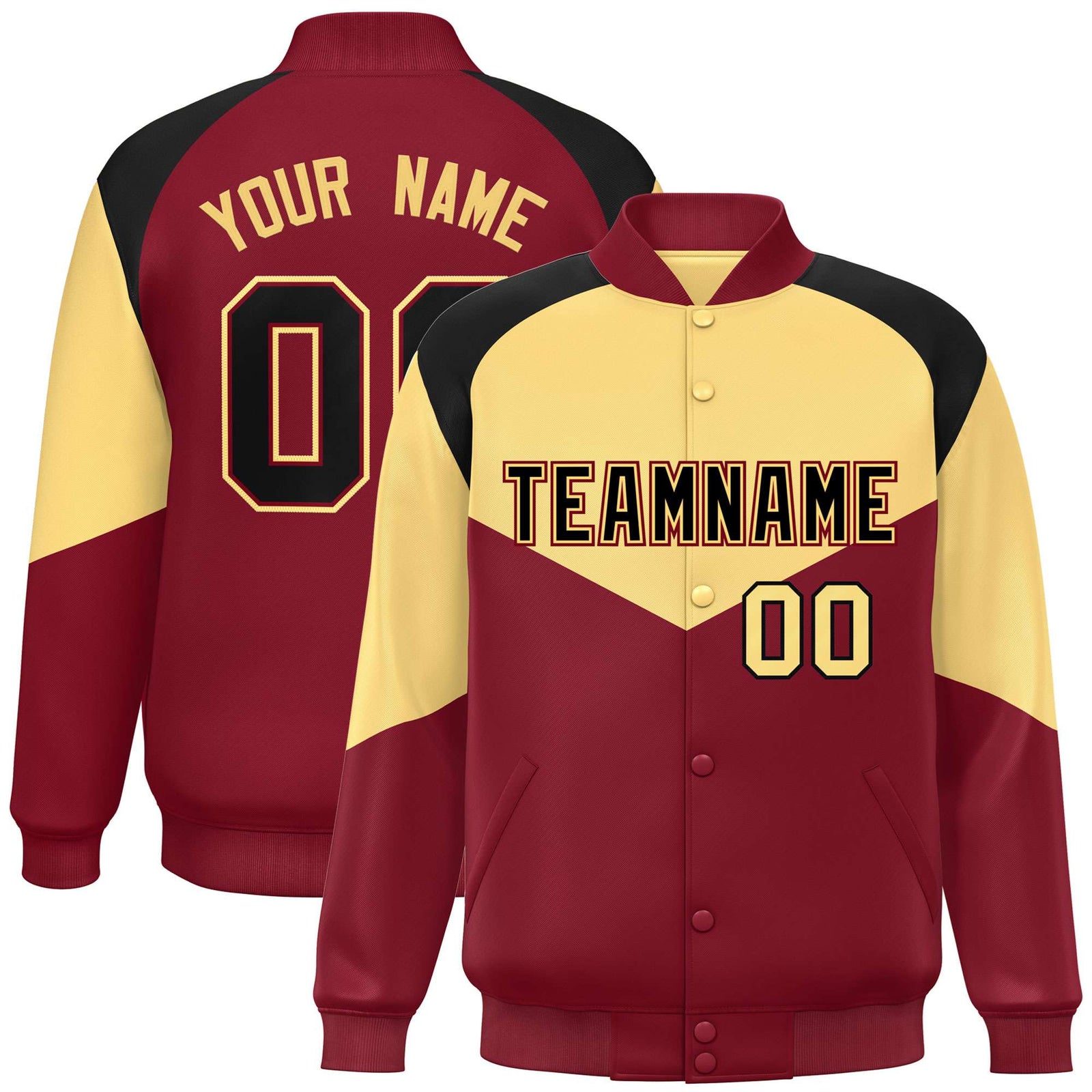 Custom Khaki Crimson-Black Varsity Full-Snap Color Block Letterman Jacket
