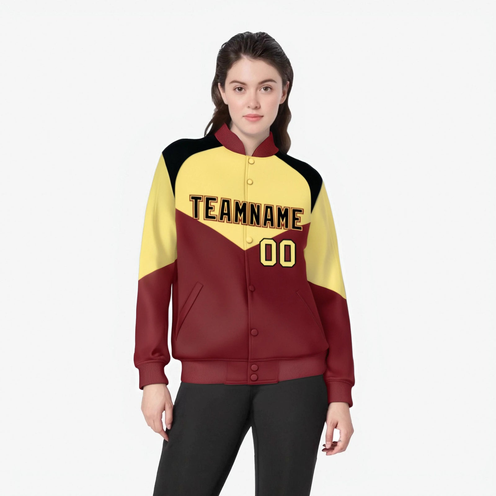 Custom Khaki Crimson-Black Varsity Full-Snap Color Block Letterman Jacket