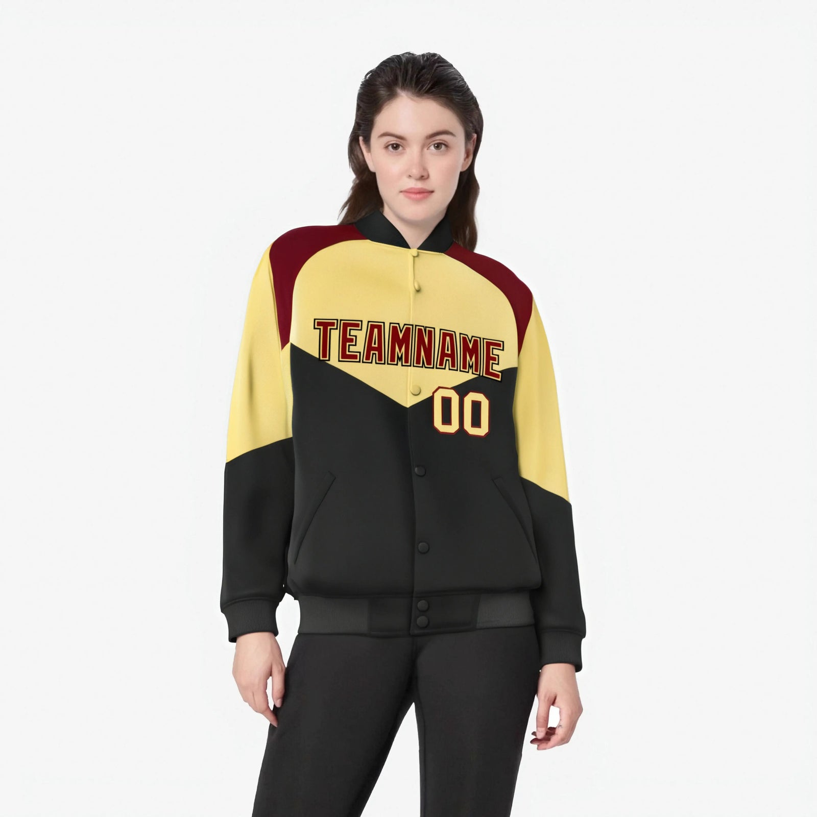 Custom Khaki Black-Crimson Green Varsity Full-Snap Color Block Letterman Jacket