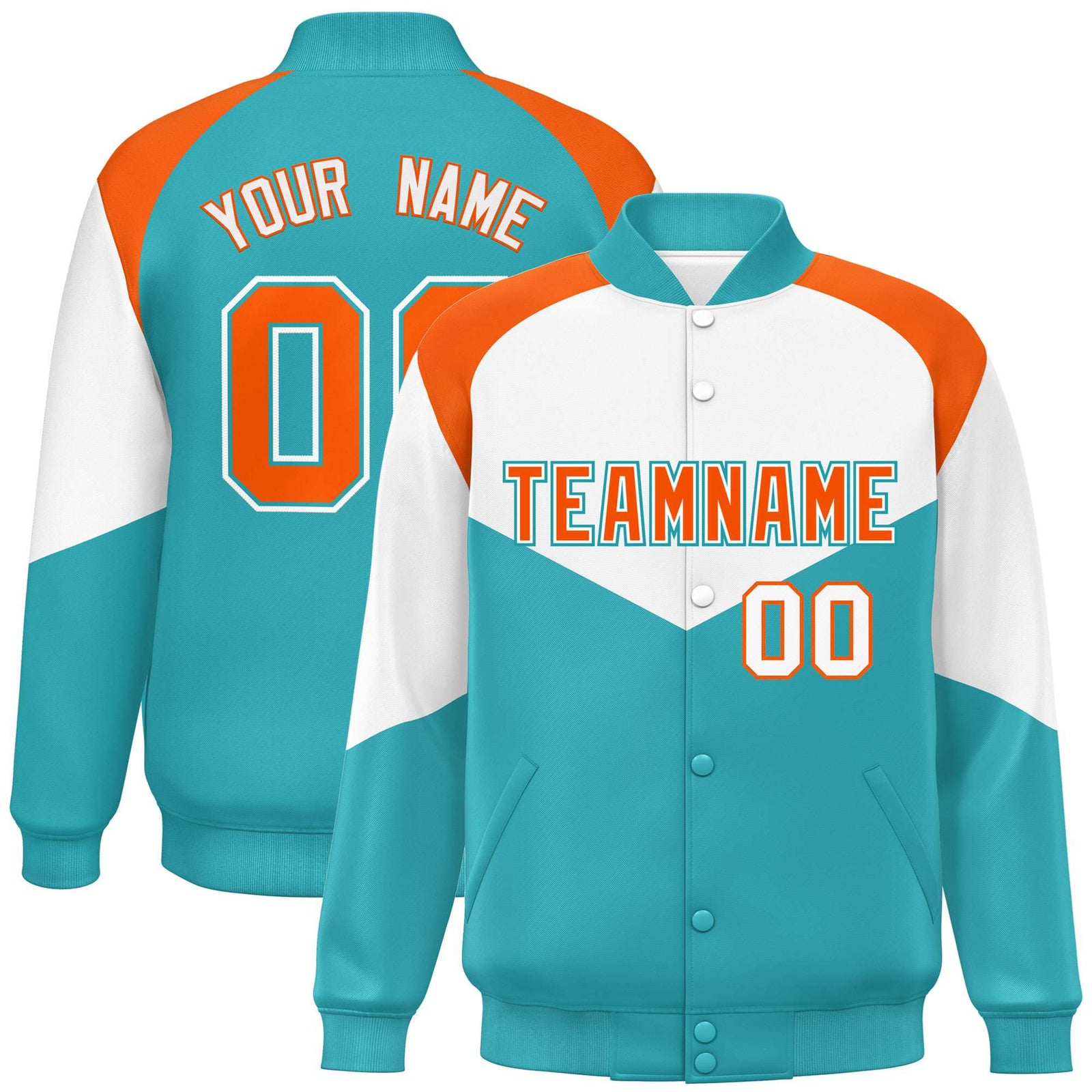 Custom White Aqua-Orange Varsity Full-Snap Color Block Letterman Jacket