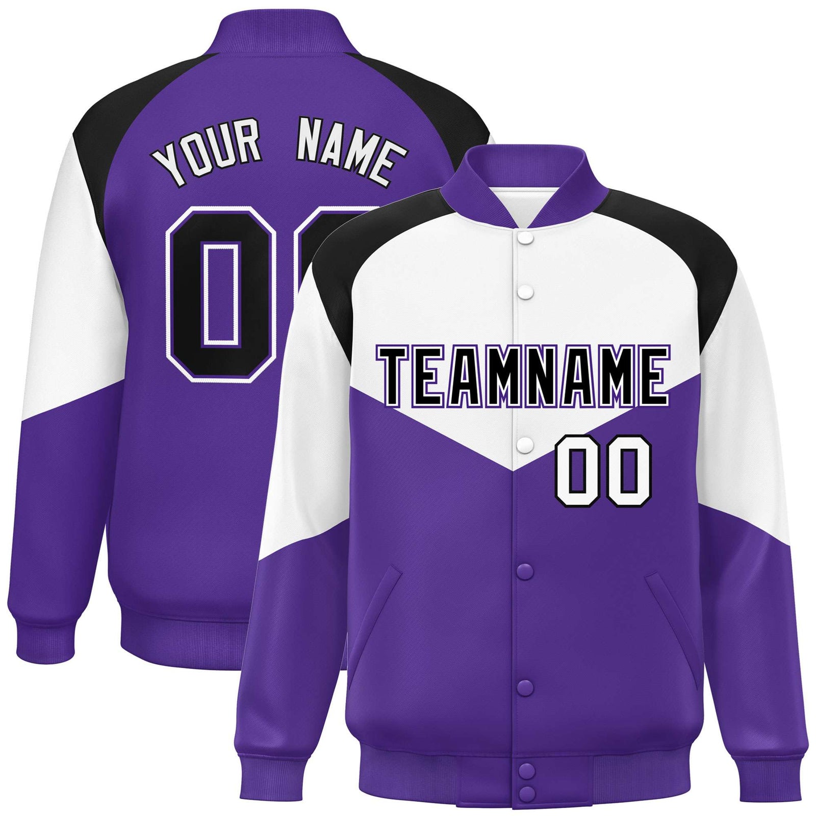 Custom White Purple-Black Varsity Full-Snap Color Block Letterman Jacket