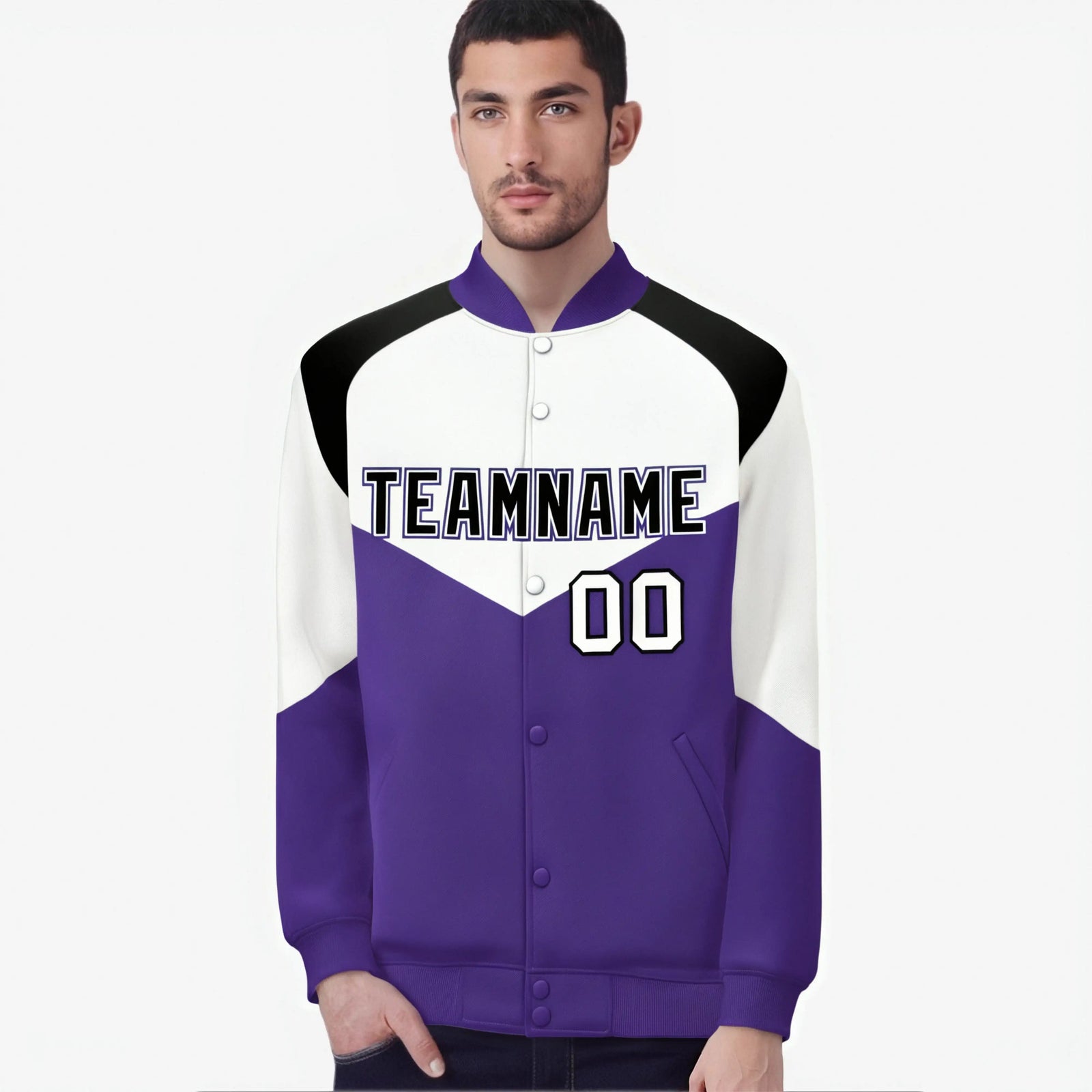 Custom White Purple-Black Varsity Full-Snap Color Block Letterman Jacket