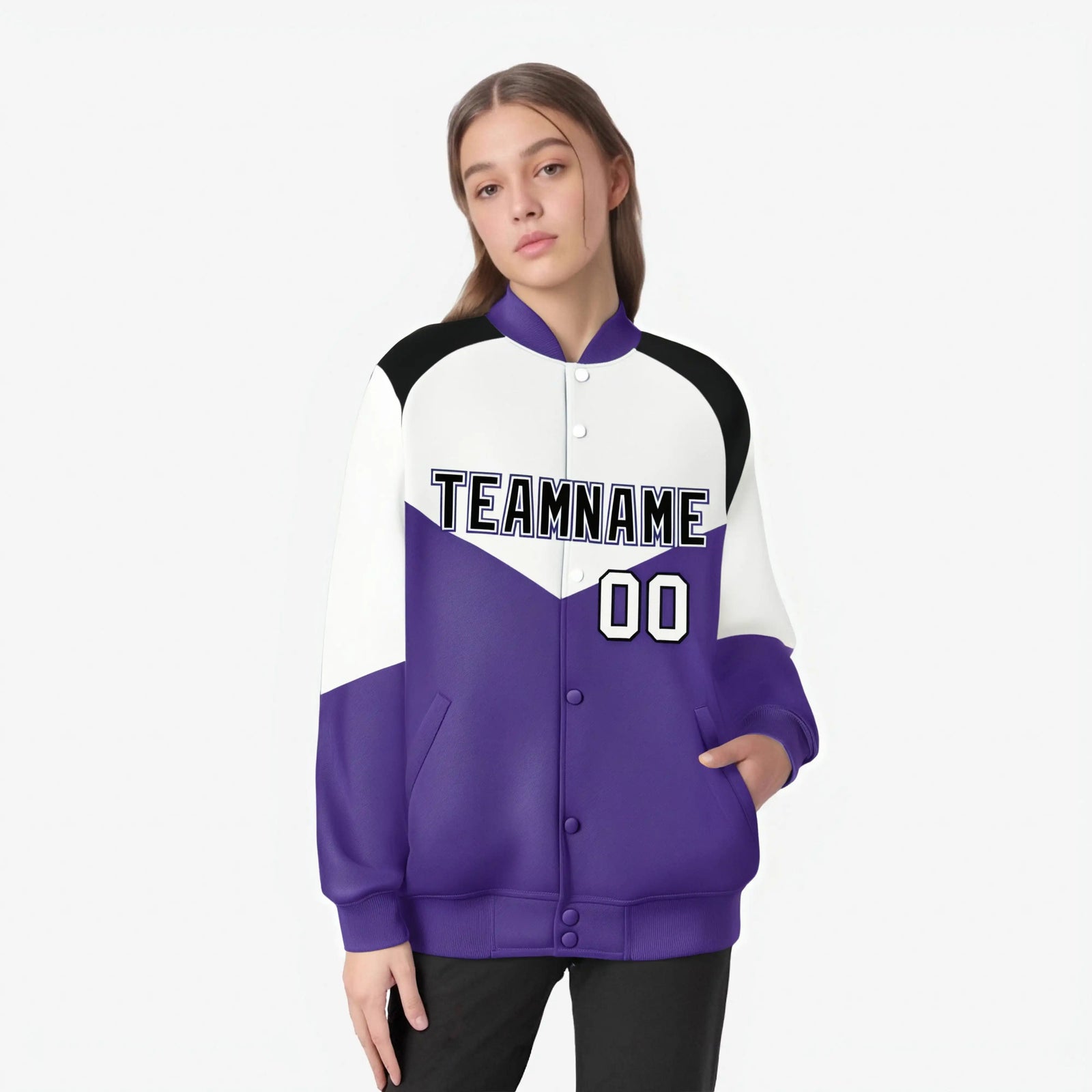 Custom White Purple-Black Varsity Full-Snap Color Block Letterman Jacket