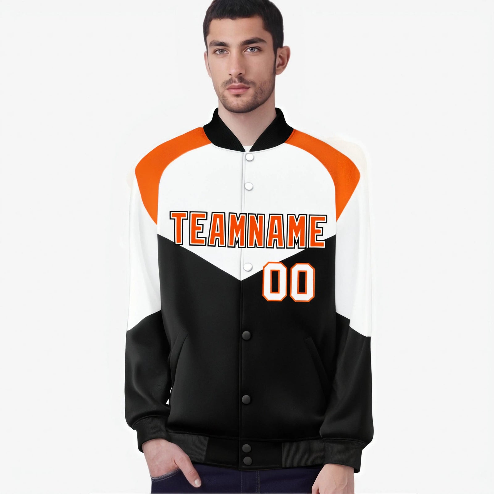 Custom White Black-Orange Varsity Full-Snap Color Block Letterman Jacket