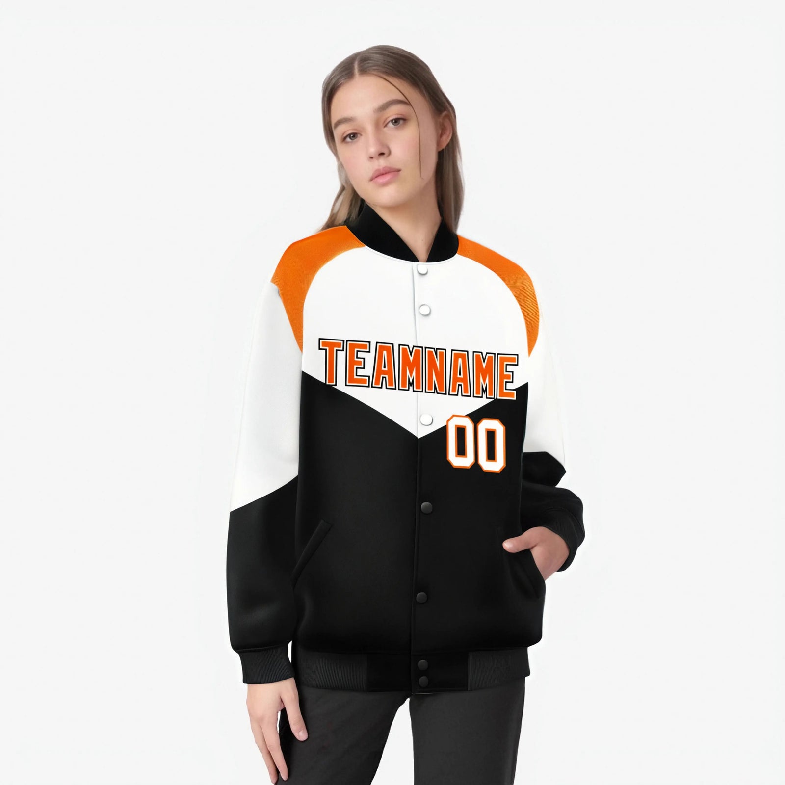 Custom White Black-Orange Varsity Full-Snap Color Block Letterman Jacket