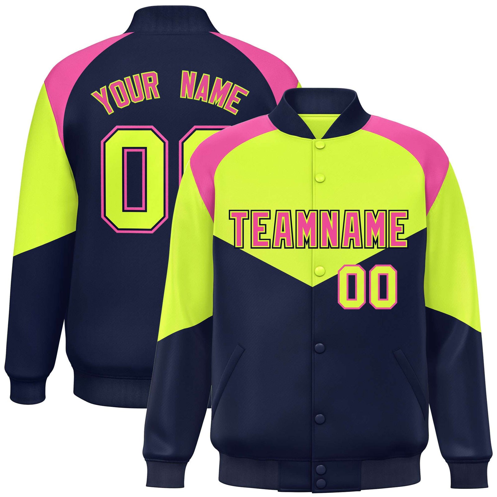 Custom Fluorescent Green Navy-Pink Varsity Full-Snap Color Block Letterman Jacket