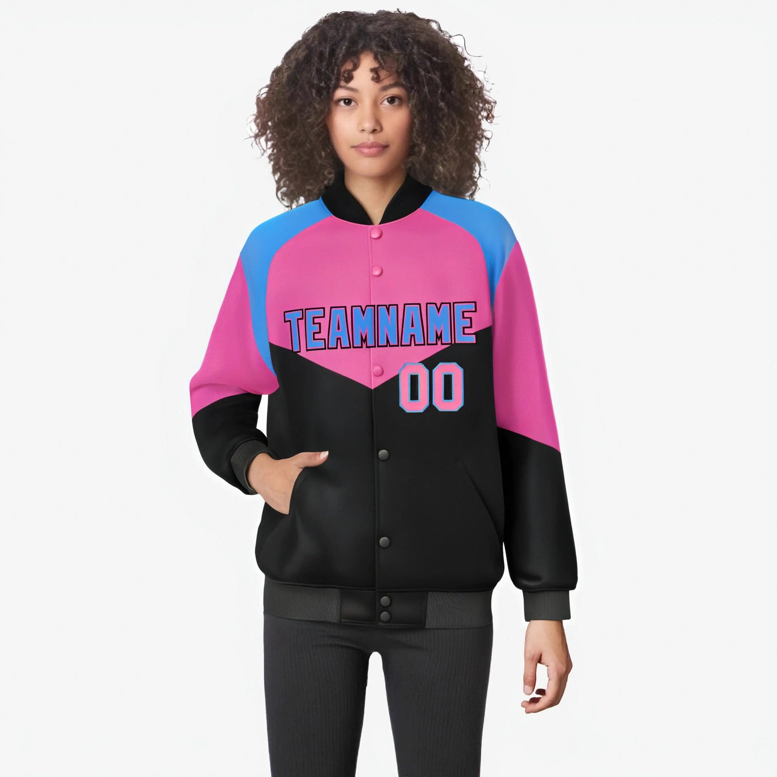 Custom Pink Black-Powder Blue Varsity Full-Snap Color Block Letterman Jacket