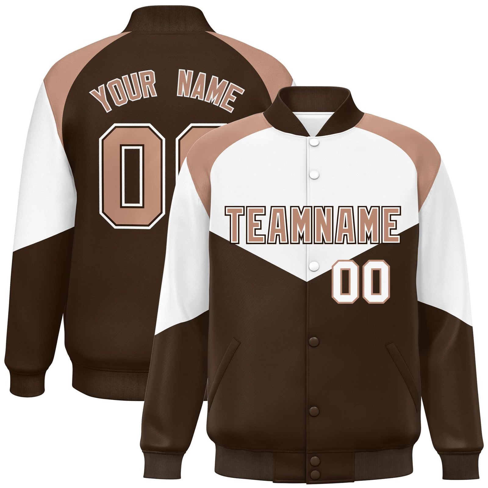 Custom White Brown-Light Brown Varsity Full-Snap Color Block Letterman Jacket