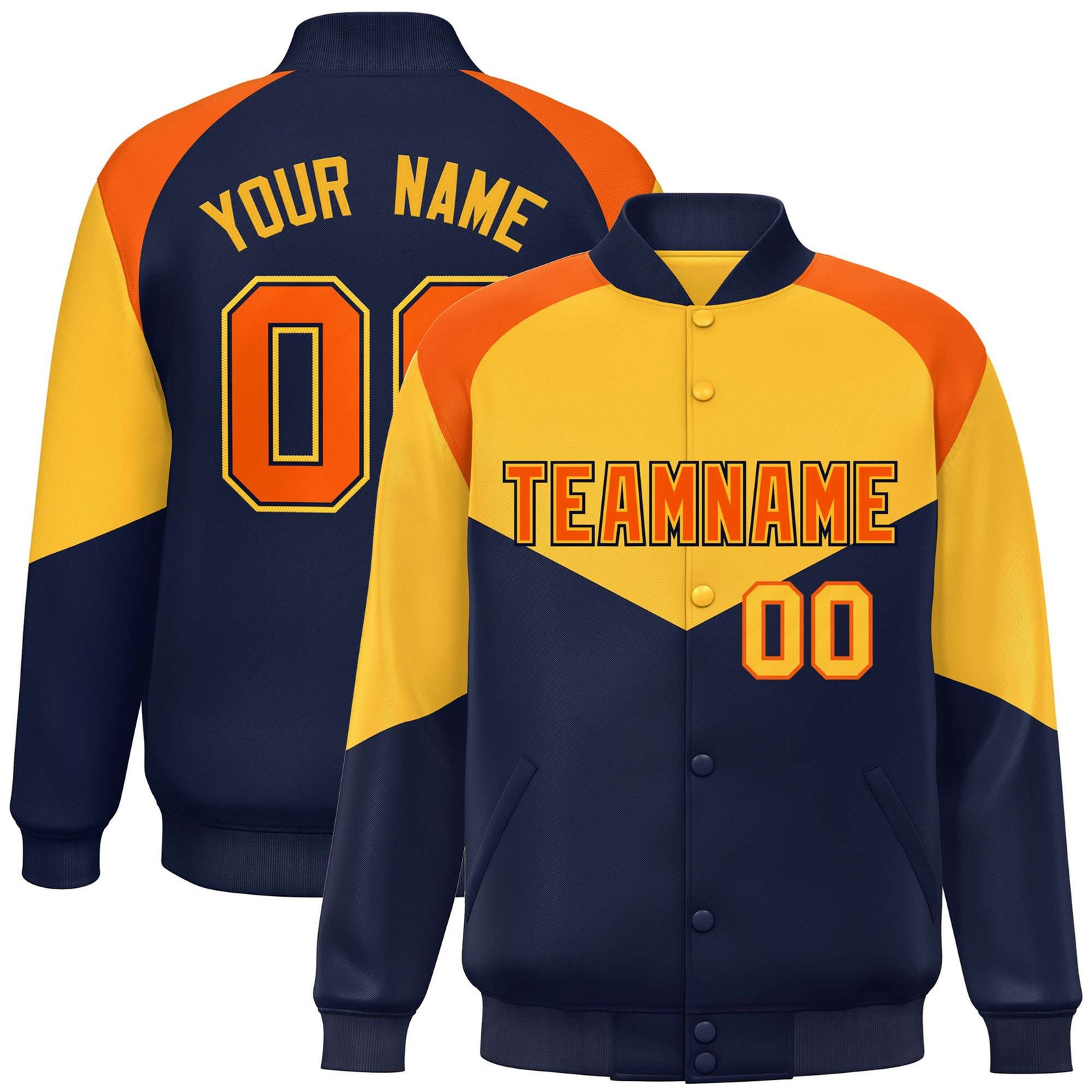Custom Yellow Navy-Orange Varsity Full-Snap Color Block Letterman Jacket