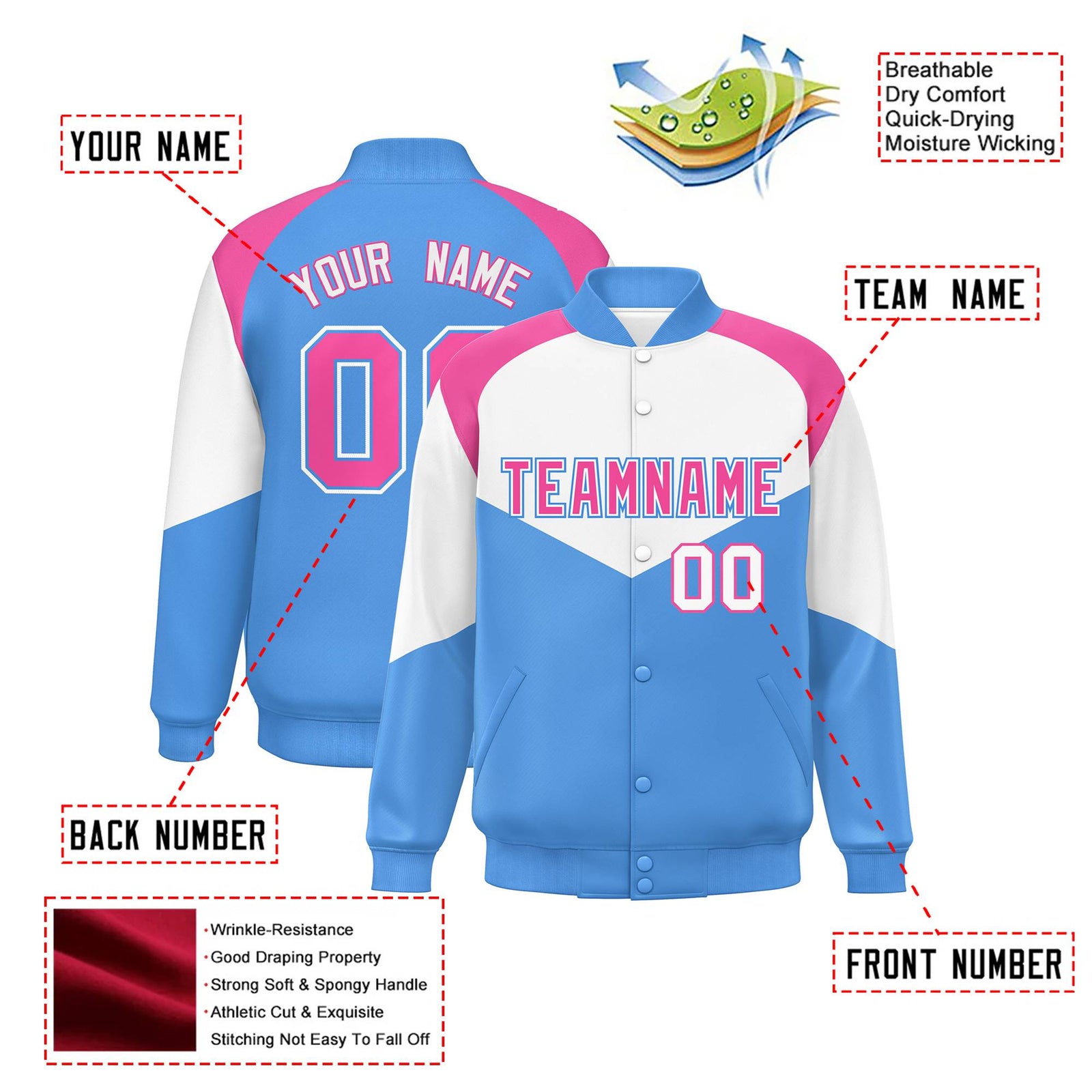 Custom White Powder Blue-Pink Varsity Full-Snap Color Block Letterman Jacket