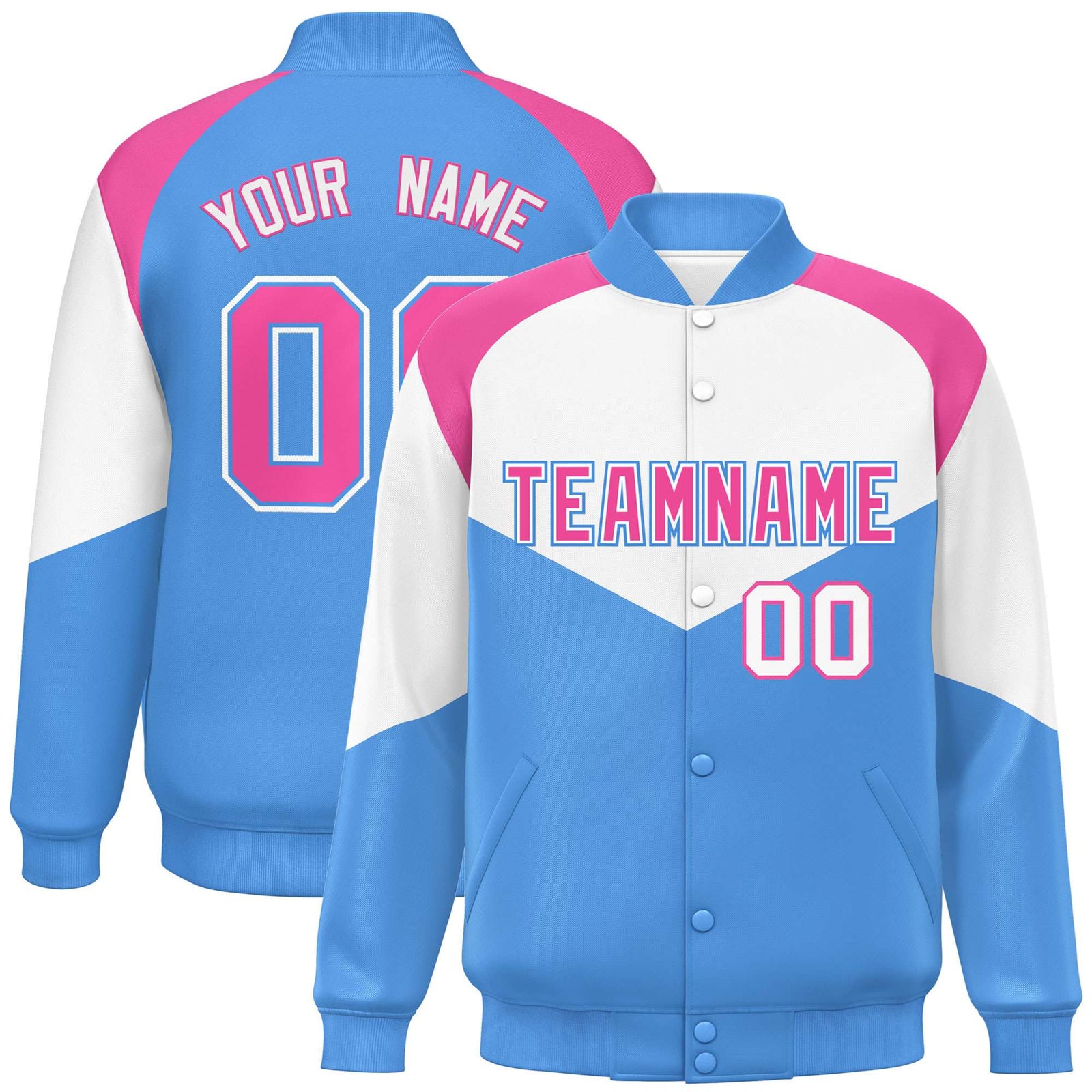 Custom White Powder Blue-Pink Varsity Full-Snap Color Block Letterman Jacket