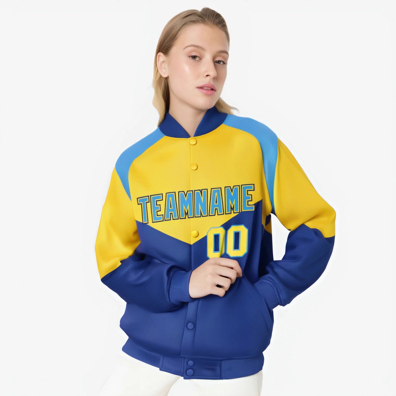 Custom Yellow Royal Blue-Powder Blue Varsity Full-Snap Color Block Letterman Jacket
