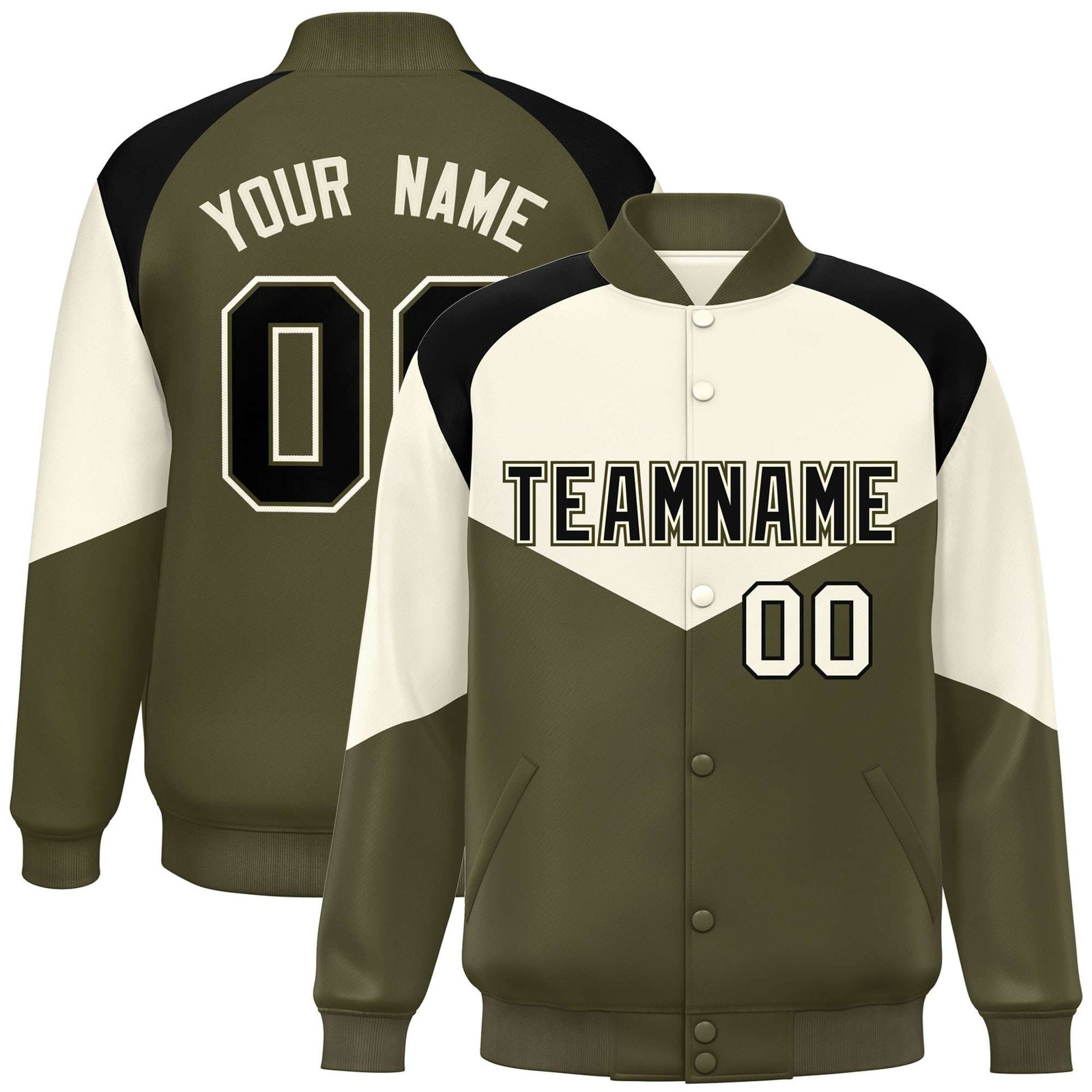 Custom Cream Olive-Black Varsity Full-Snap Color Block Letterman Jacket