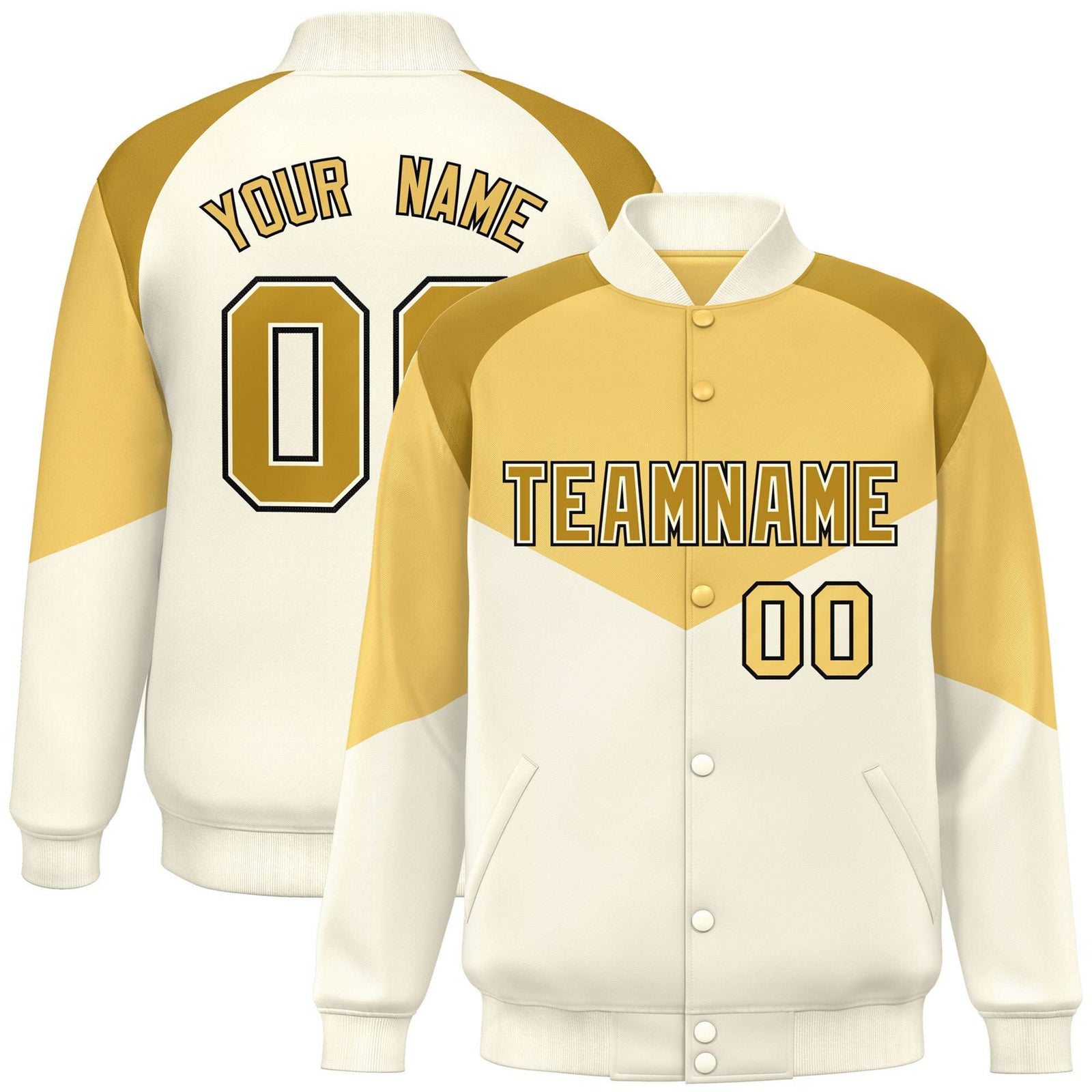 Custom Khaki Cream-Old Gold Varsity Full-Snap Color Block Letterman Jacket