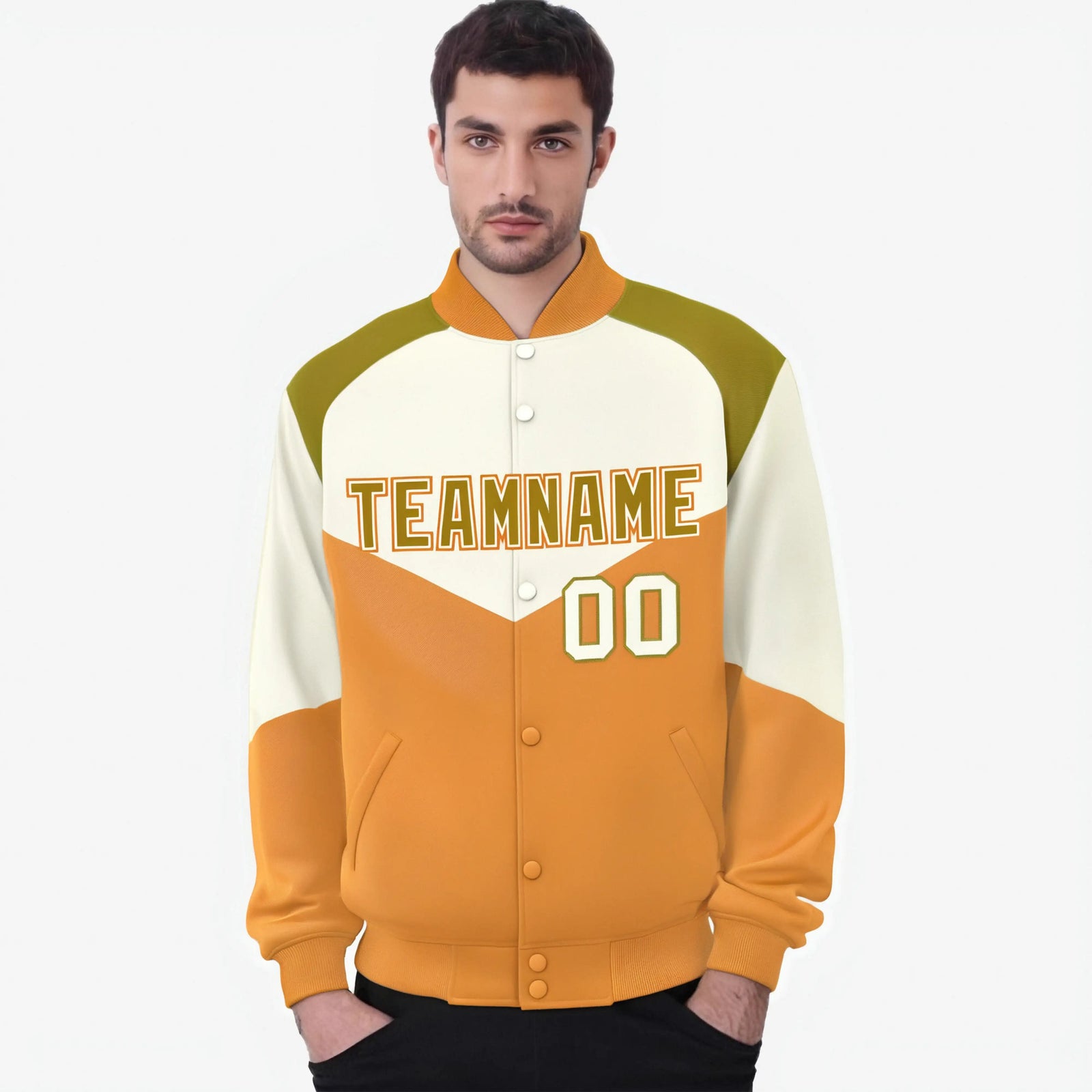 Custom Cream Yellow-Old Gold Varsity Full-Snap Color Block Letterman Jacket