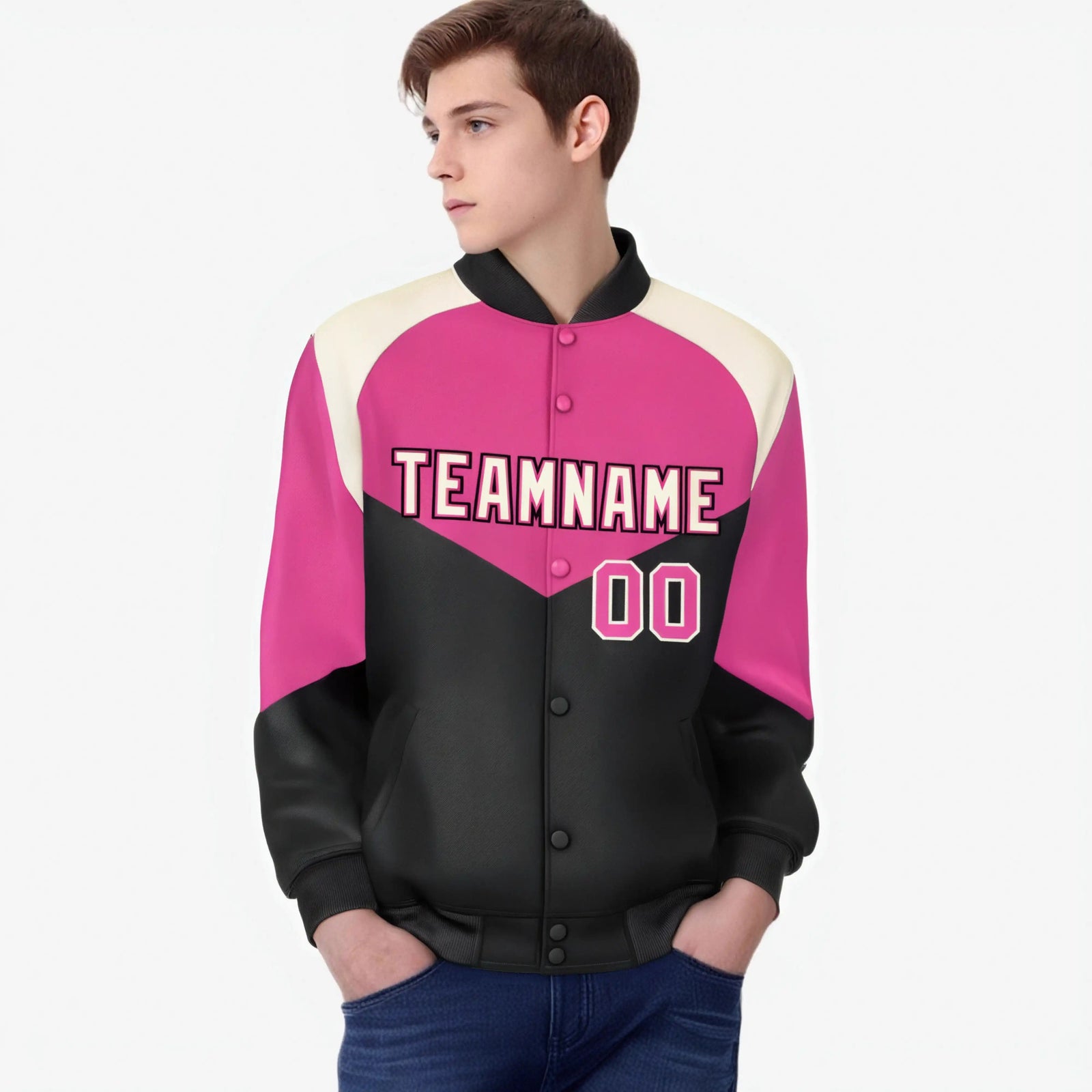Custom Pink Black-Cream Varsity Full-Snap Color Block Letterman Jacket
