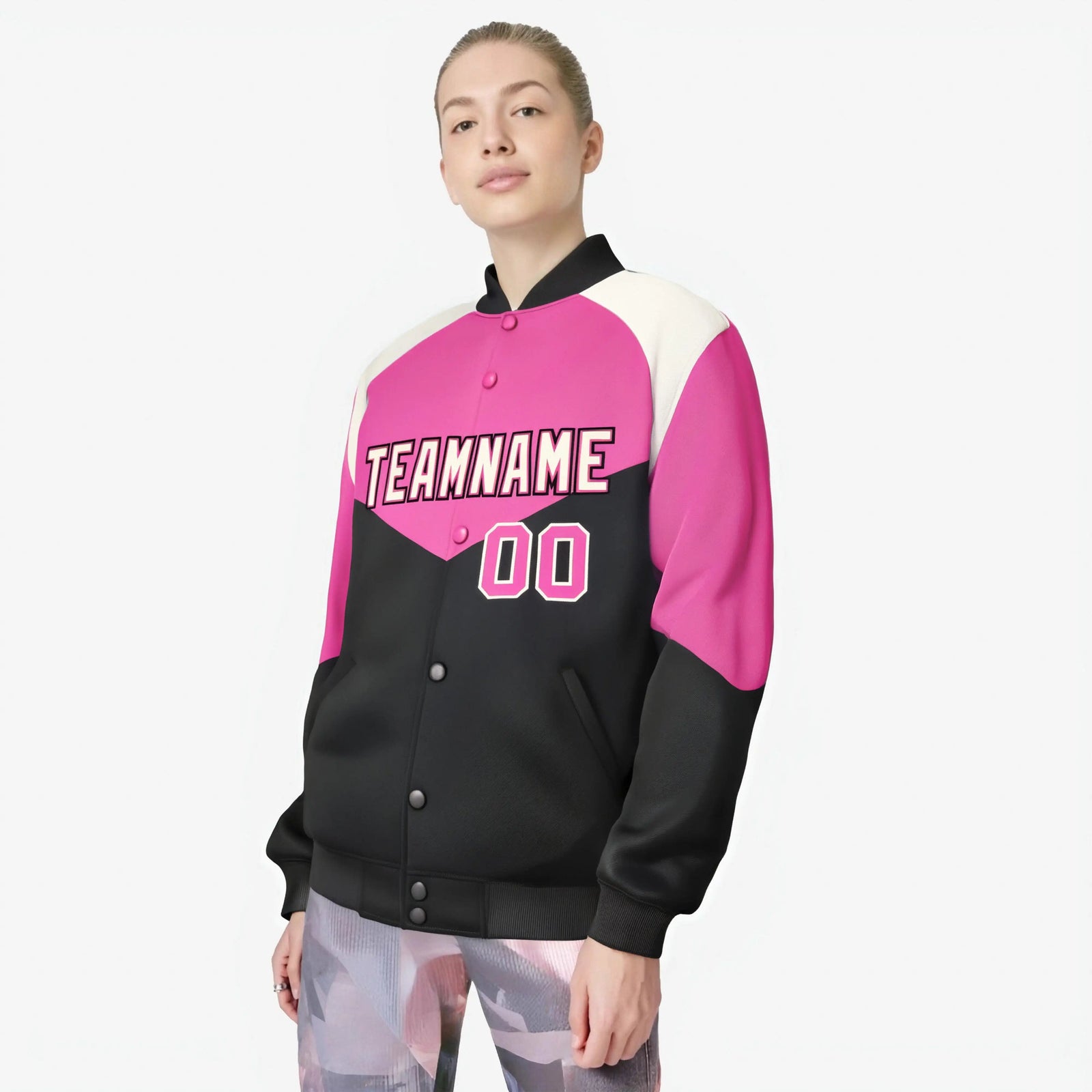 Custom Pink Black-Cream Varsity Full-Snap Color Block Letterman Jacket
