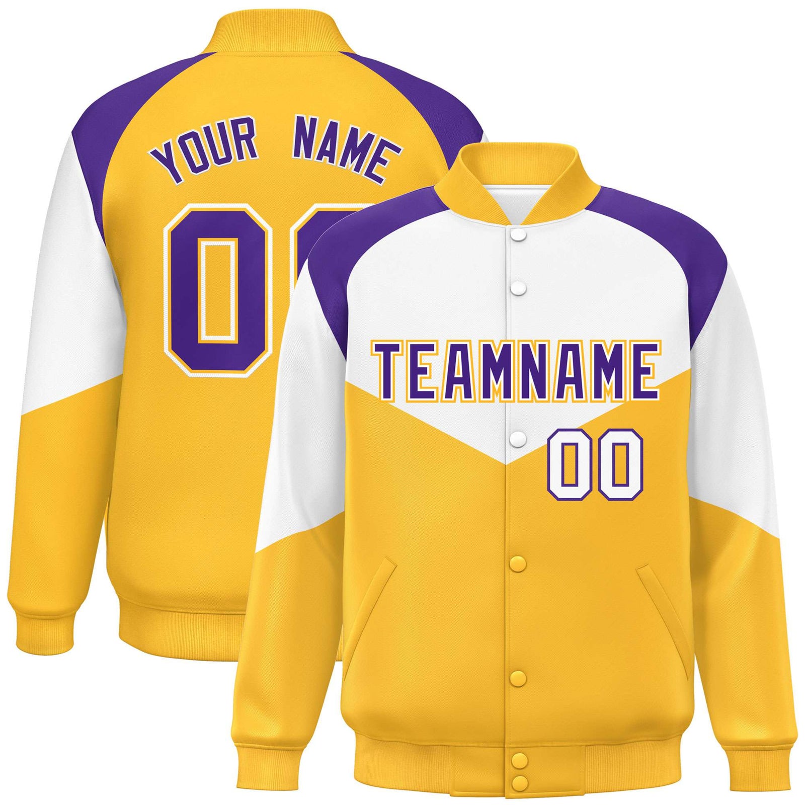 Custom White Gold-Purple Varsity Full-Snap Color Block Letterman Jacket