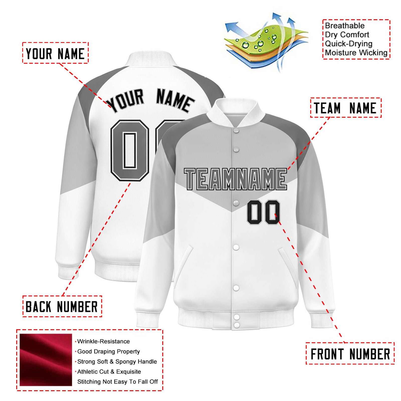 Custom Gray White-Dark Gray Varsity Full-Snap Color Block Letterman Jacket