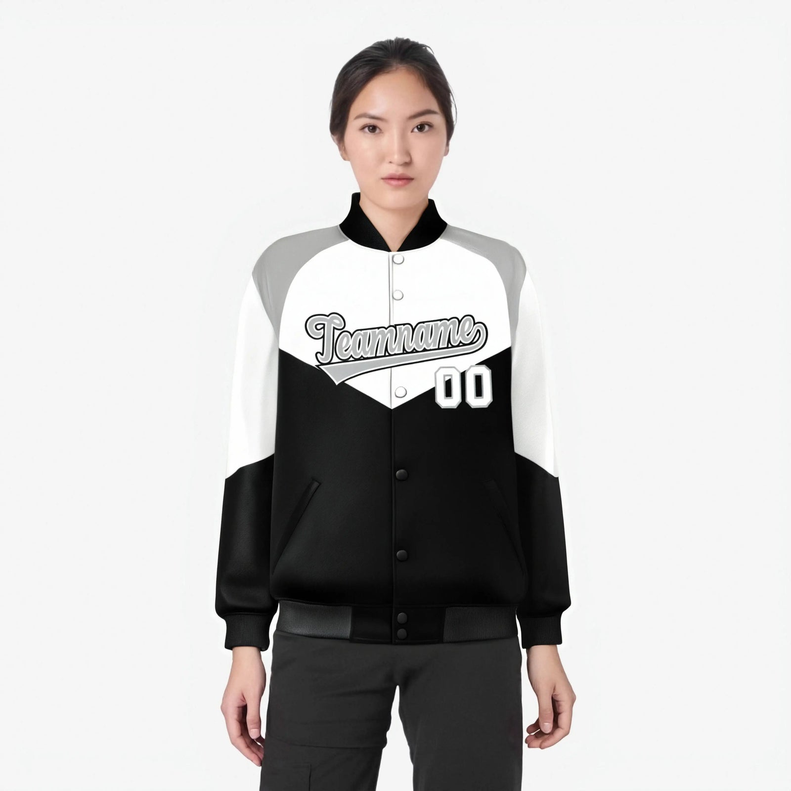 Custom White Black-Gray Varsity Full-Snap Color Block Letterman Jacket