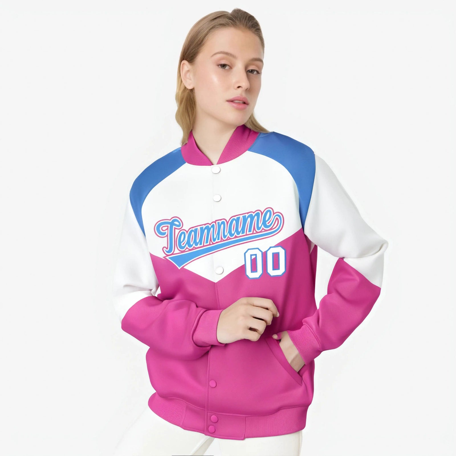 Custom White Royal Blue-Red Varsity Full-Snap Color Block Letterman Jacket