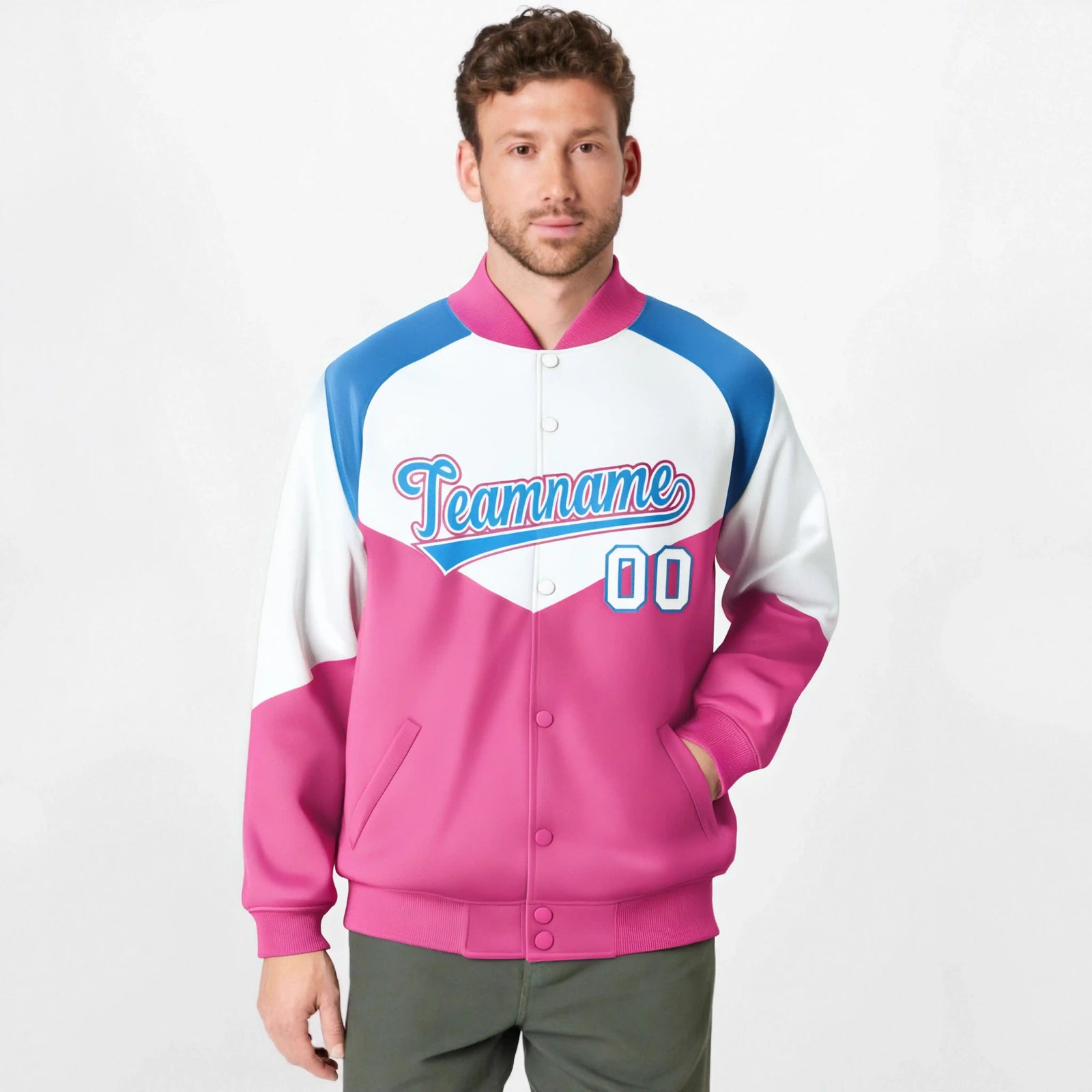 Custom White Pink-Powder Blue Varsity Full-Snap Color Block Letterman Jacket