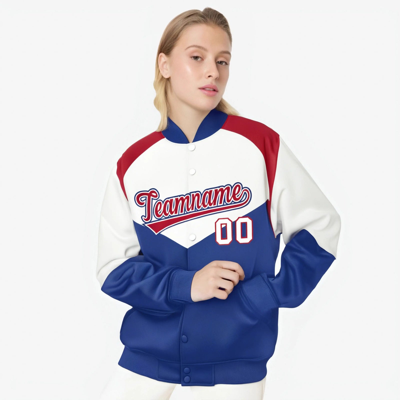 Custom White Pink-Powder Blue Varsity Full-Snap Color Block Letterman Jacket