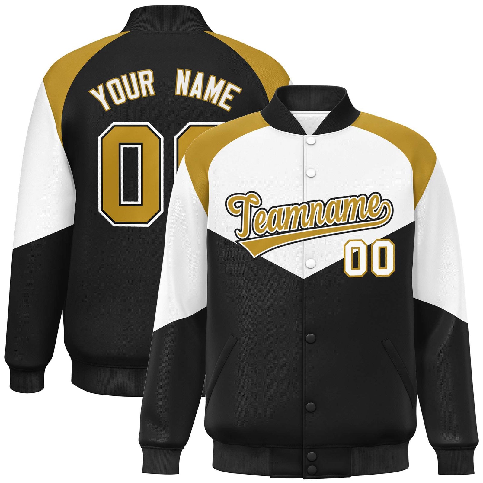 Custom White Black-Old Gold Varsity Full-Snap Color Block Letterman Jacket