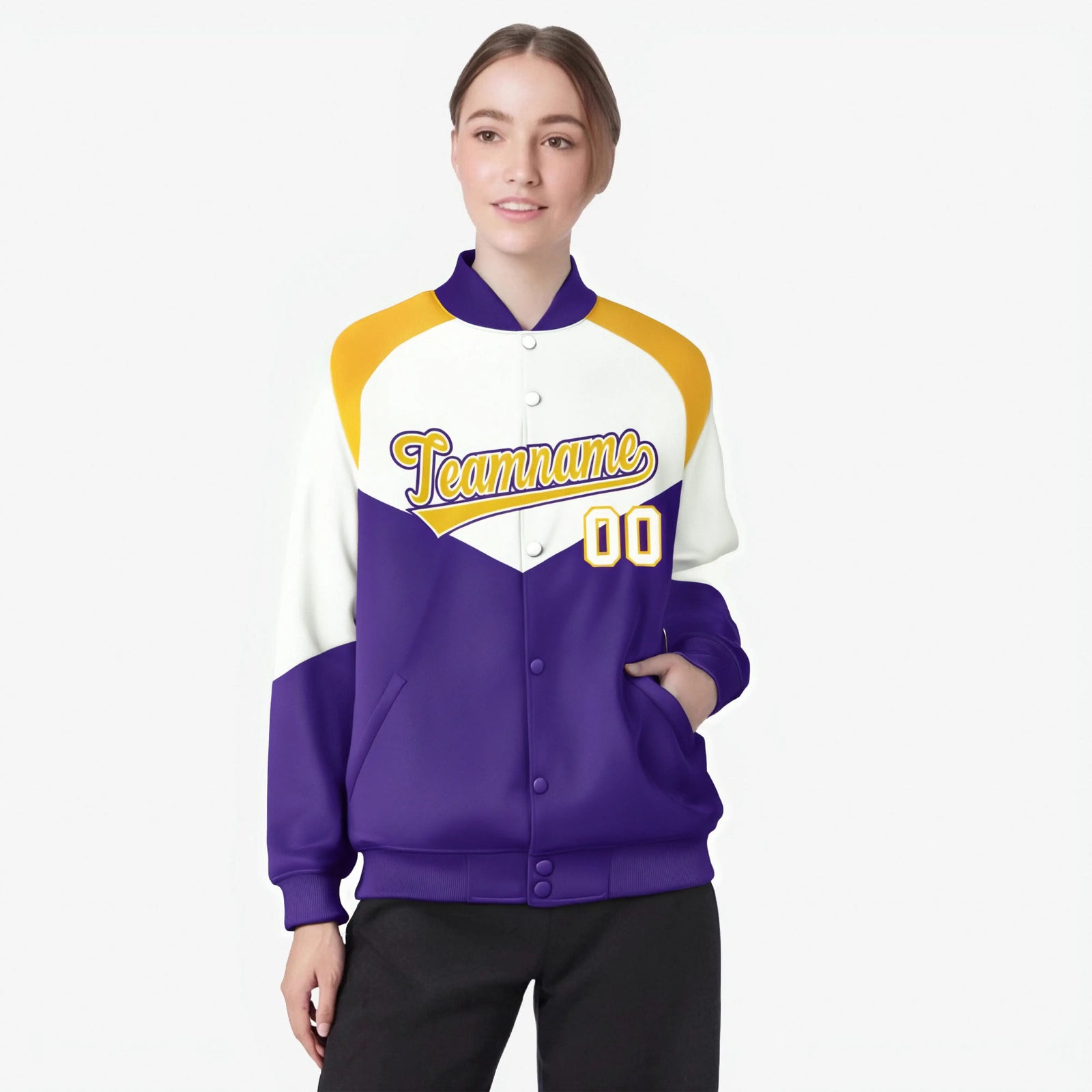 Custom White Purple-Gold Varsity Full-Snap Color Block Letterman Jacket