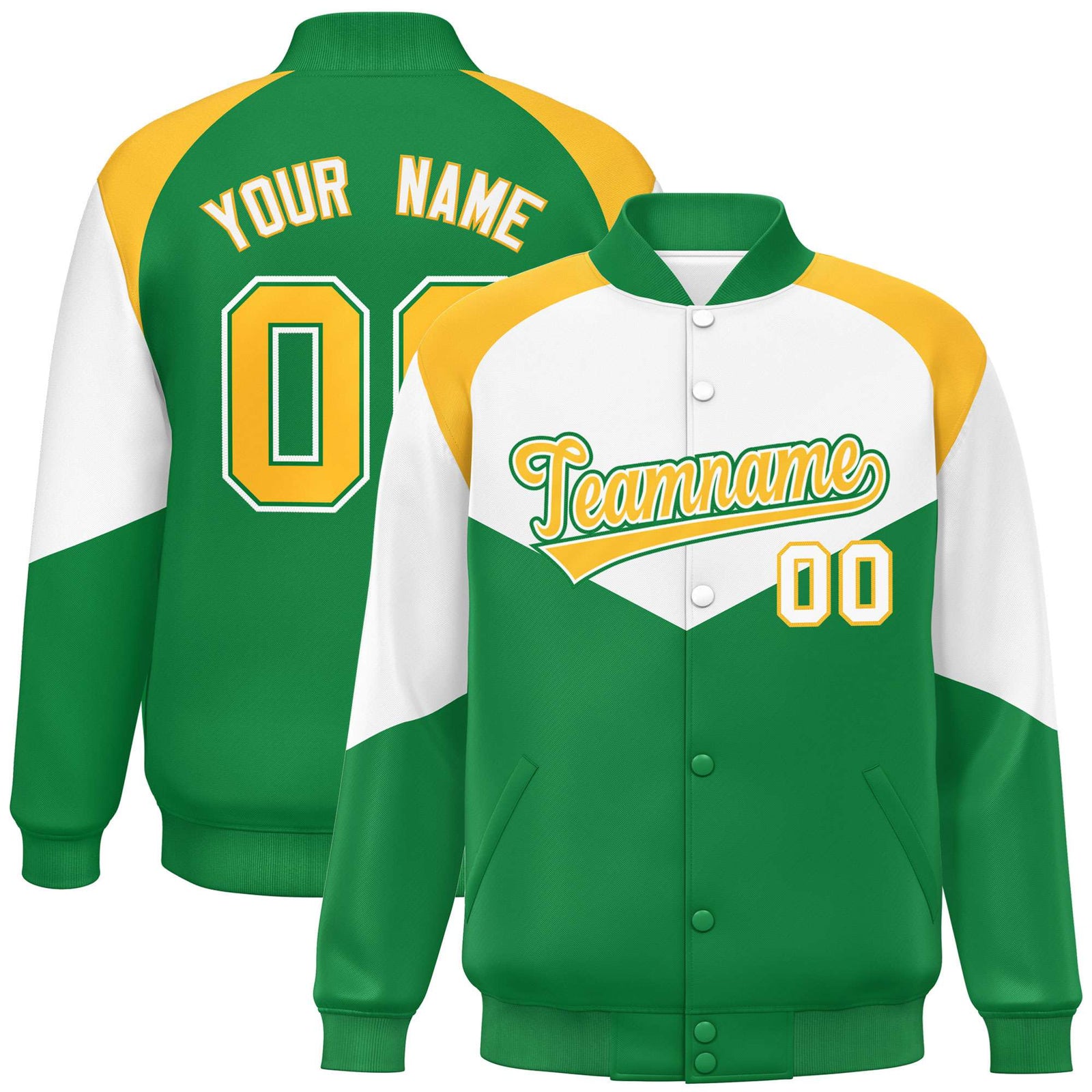 Custom White Kelly Green-Gold Varsity Full-Snap Color Block Letterman Jacket
