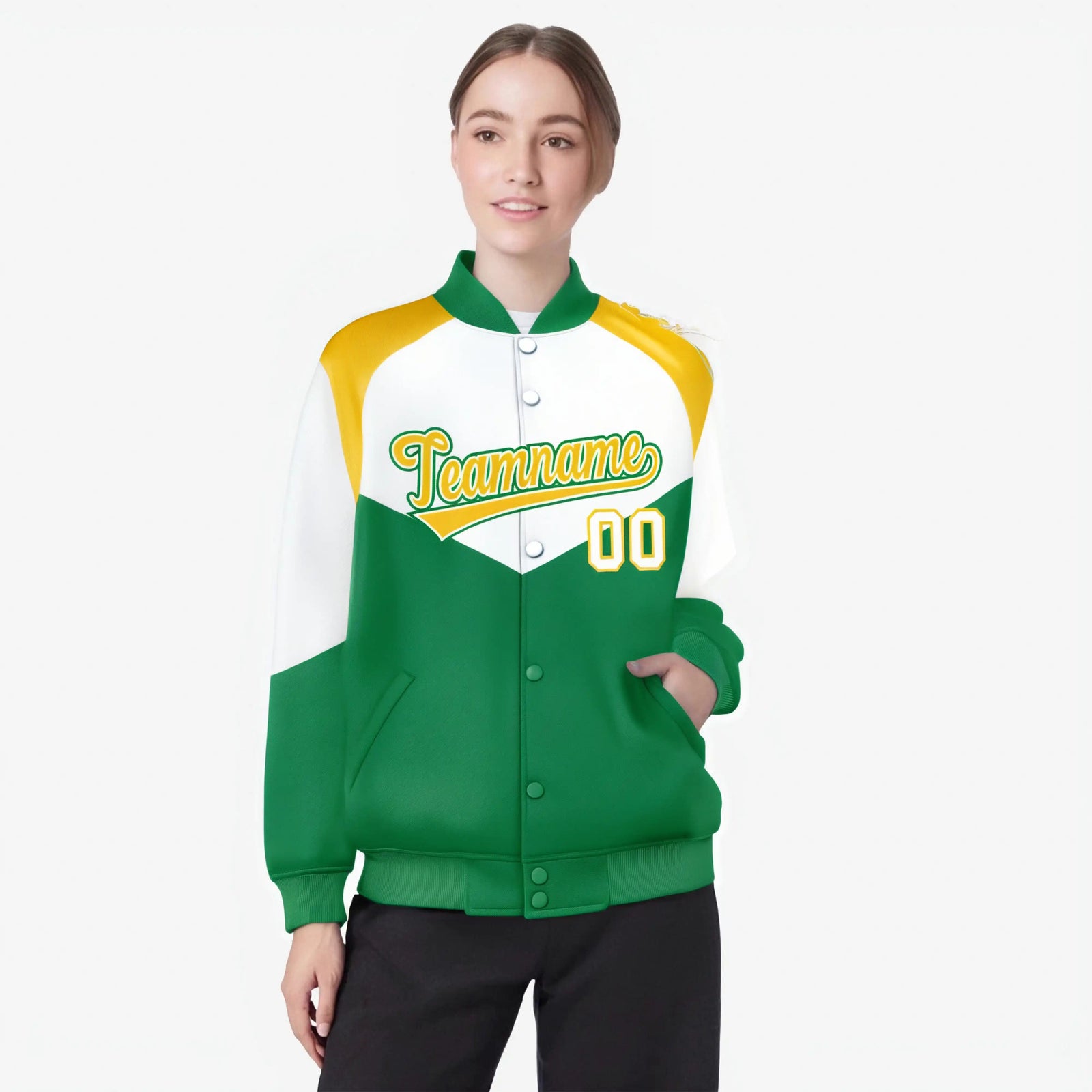 Custom White Kelly Green-Gold Varsity Full-Snap Color Block Letterman Jacket