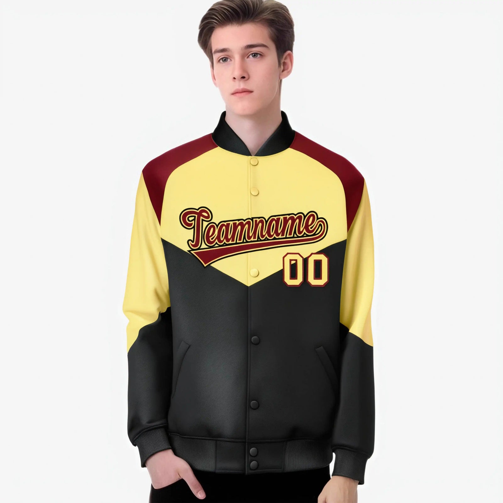 Custom Khaki Black-Crimson Green Varsity Full-Snap Color Block Letterman Jacket