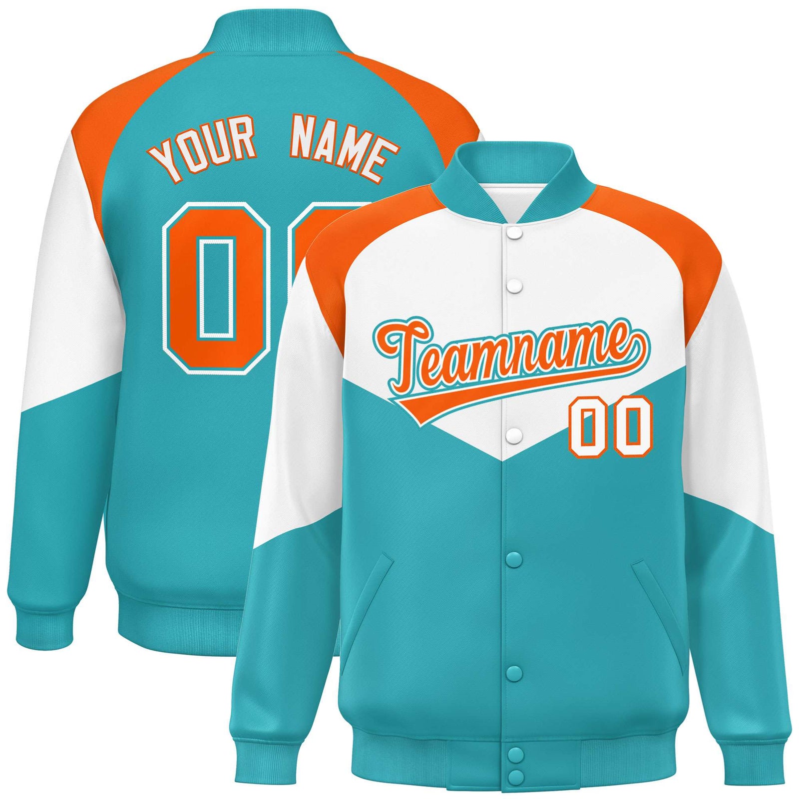 Custom White Aqua-Orange Varsity Full-Snap Color Block Letterman Jacket
