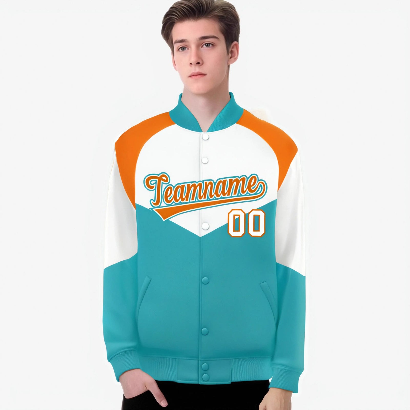 Custom White Aqua-Orange Varsity Full-Snap Color Block Letterman Jacket