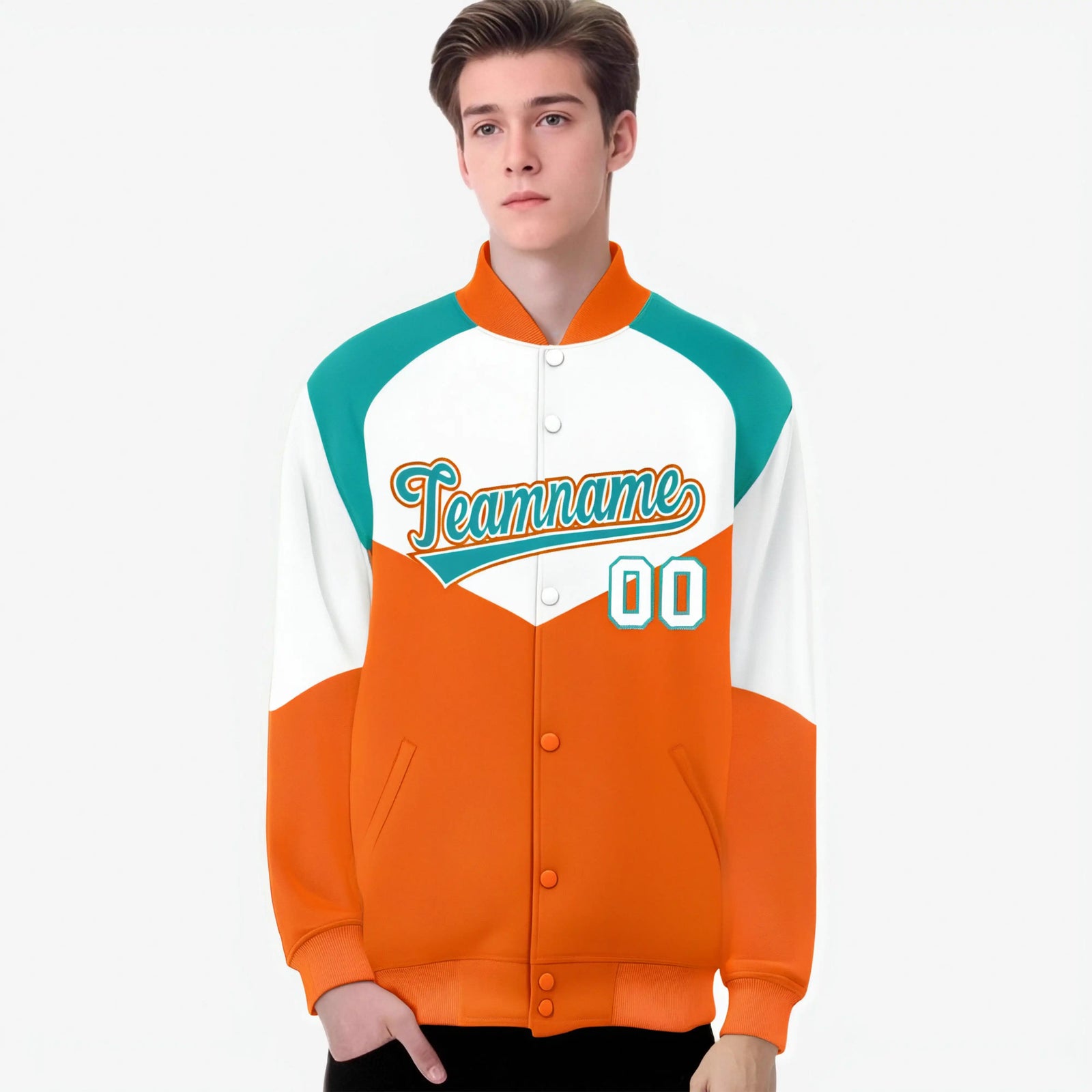 Custom White Orange-Aqua Varsity Full-Snap Color Block Letterman Jacket