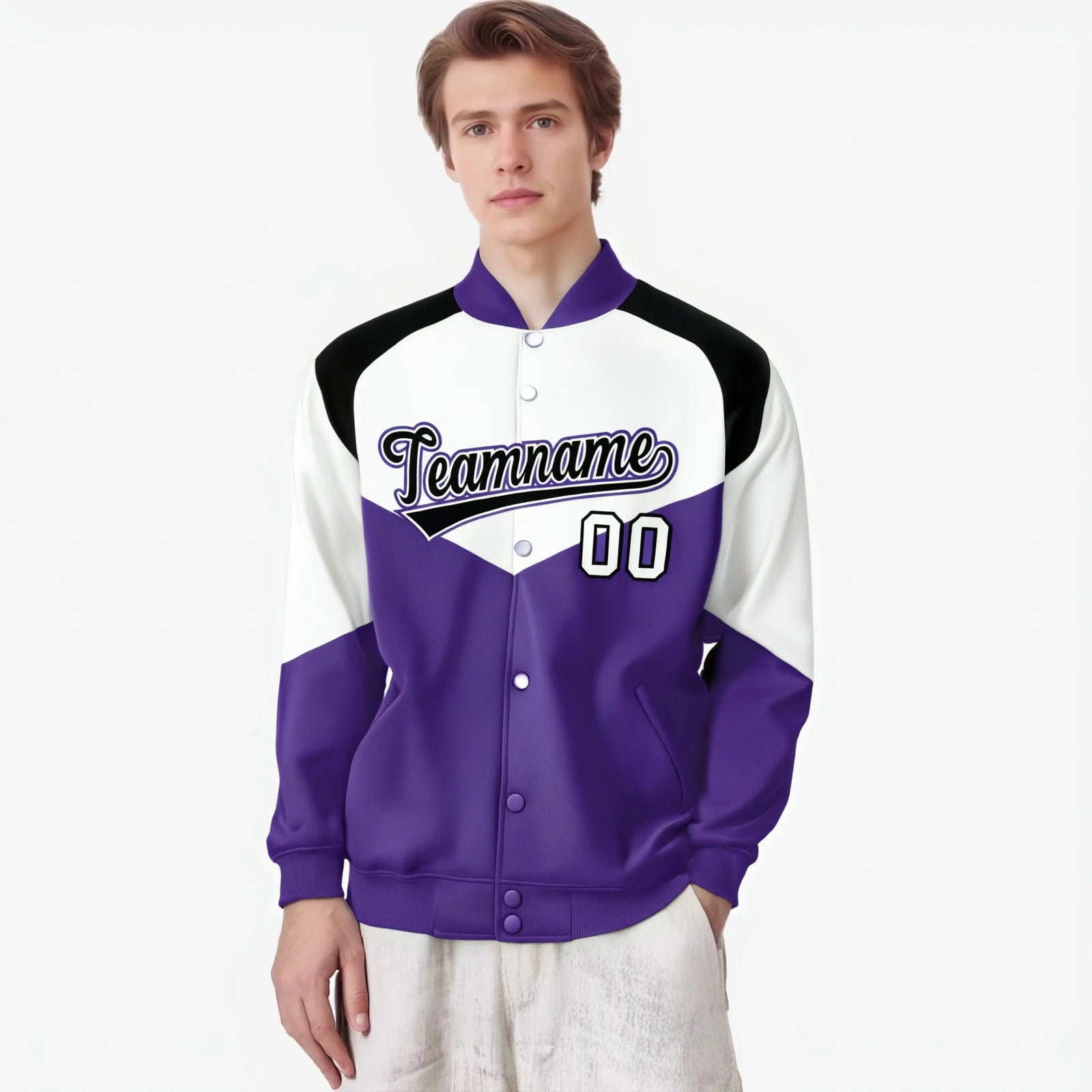 Custom White Purple-Black Varsity Full-Snap Color Block Letterman Jacket